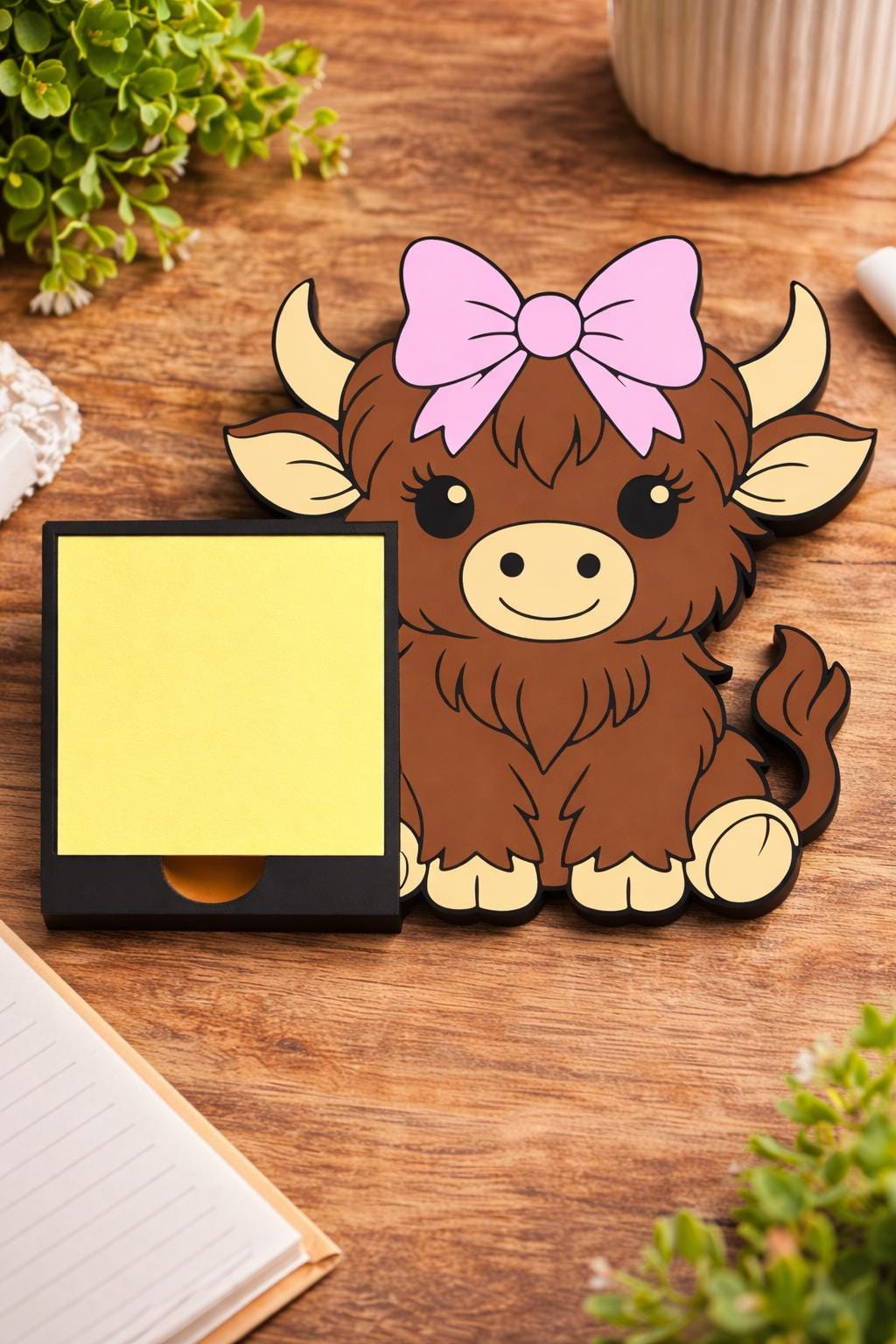 Sticky Note Holder 3D Printer File | Highland Cow with Bow STL 3MF | Commercial Use | Desk Organizer