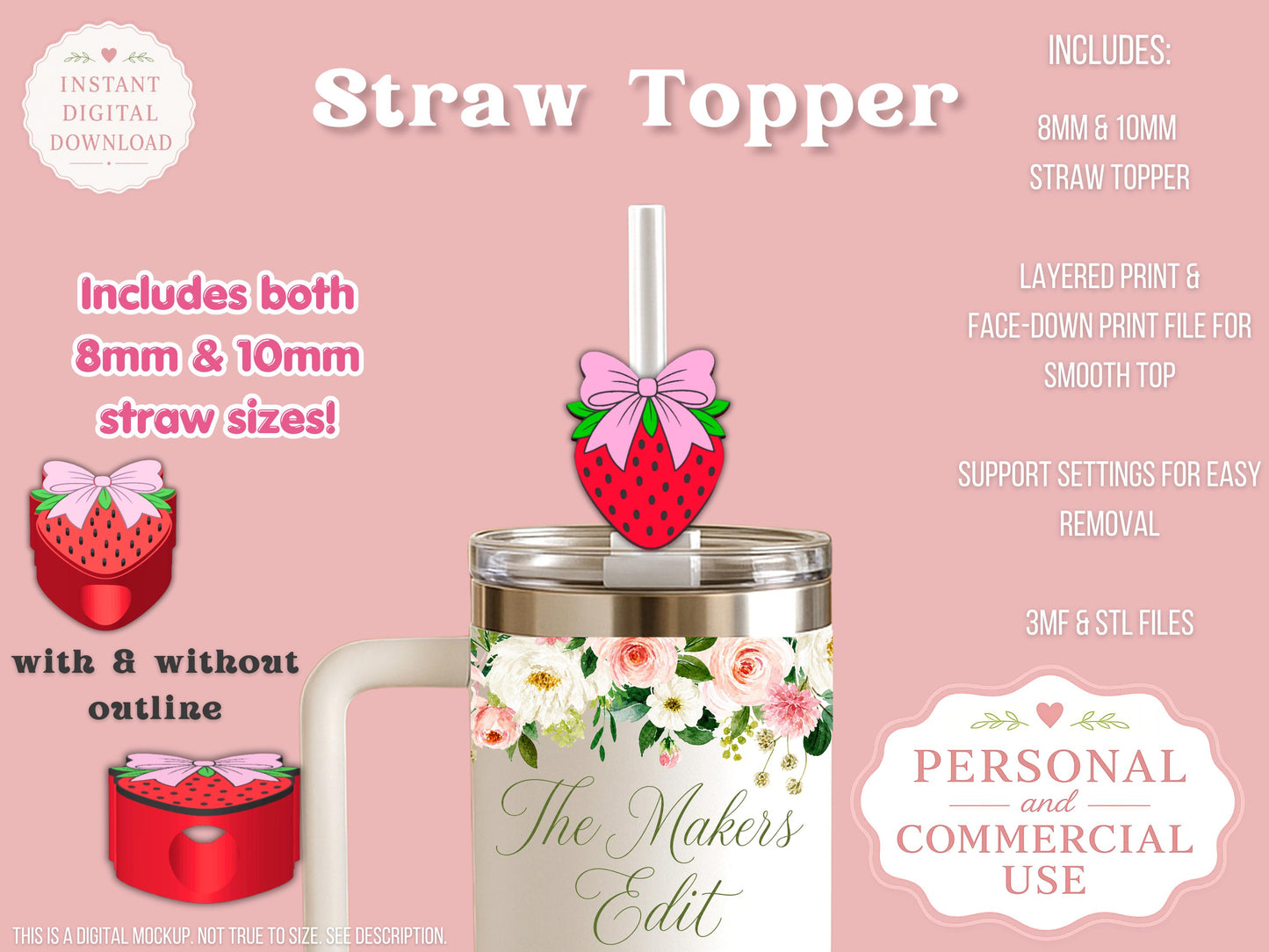 Strawberry Coquette Bow - Straw Topper - Digital File