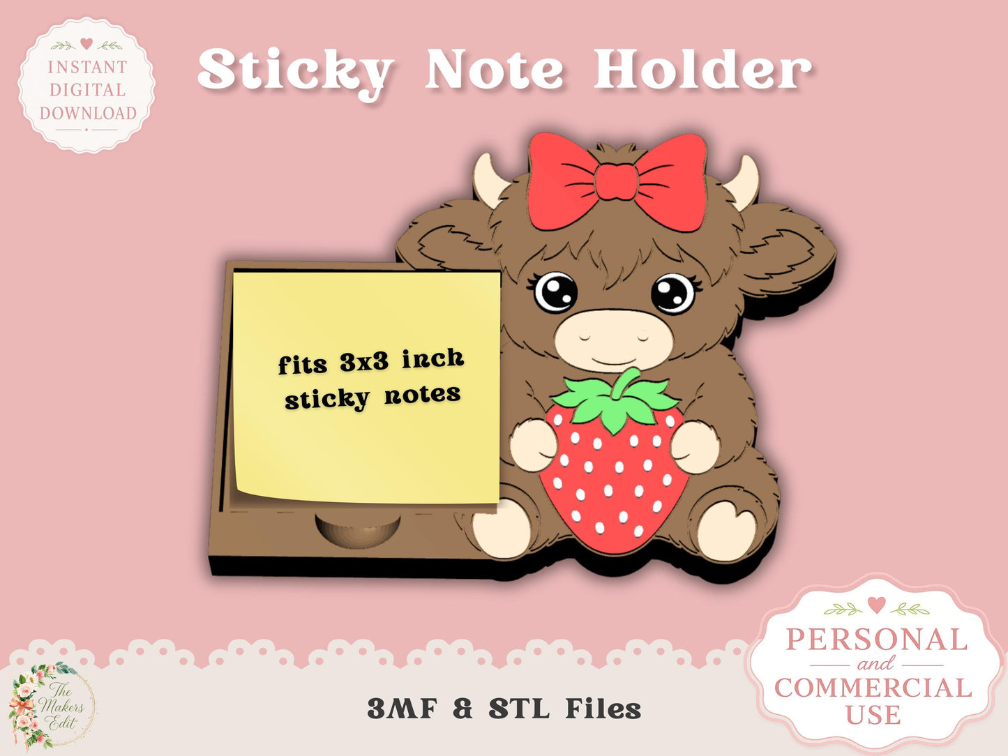 Highland Cow with Strawberry & Bow - Sticky Note Holder - Digital File