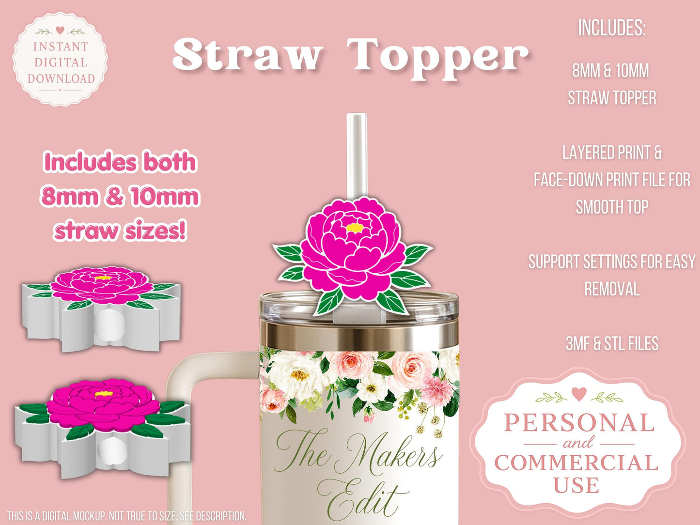 Peony - Straw Topper - Digital File