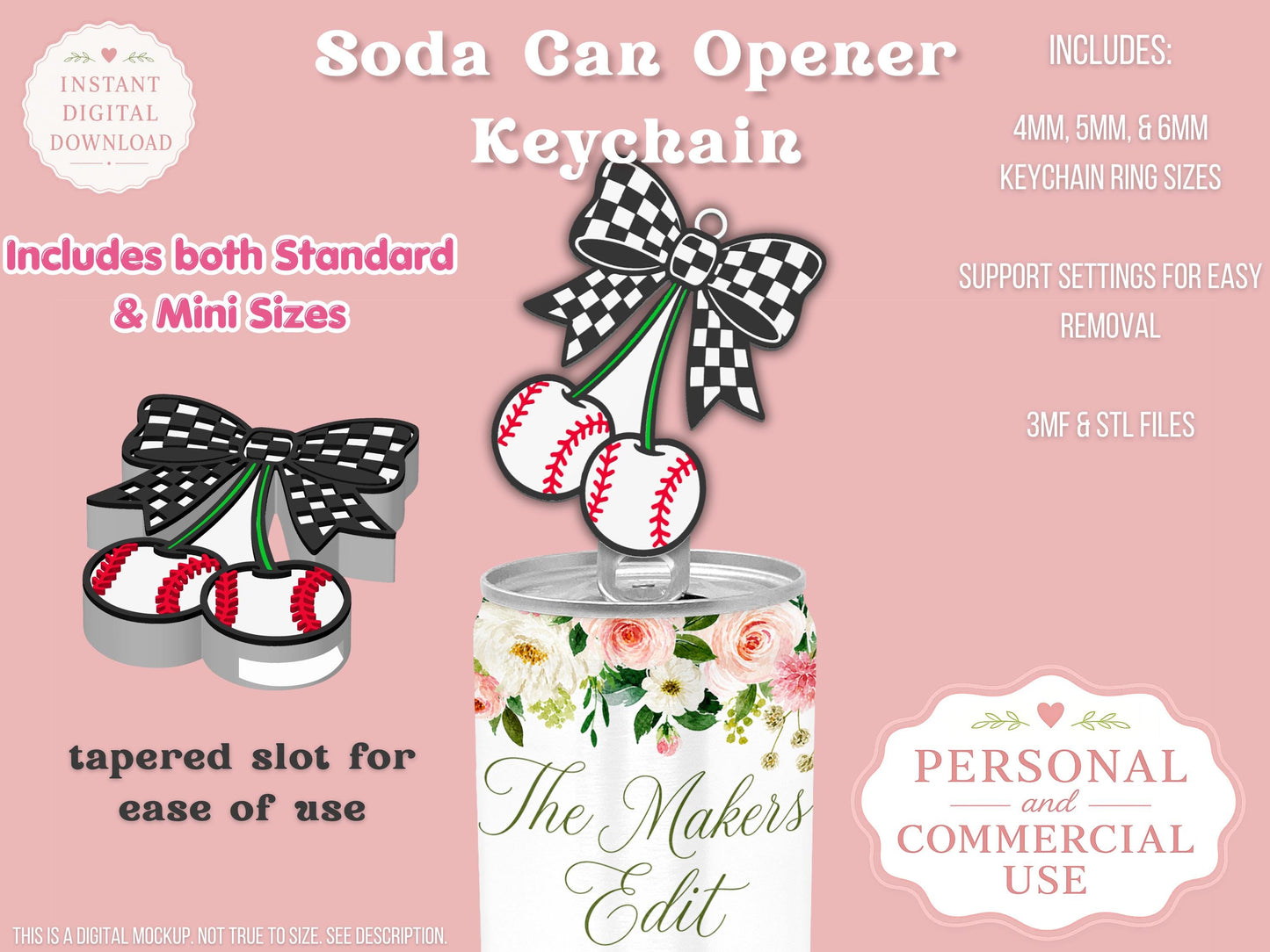 Baseball Cherries Checkered Bow - Can Tab Opener - Digital File