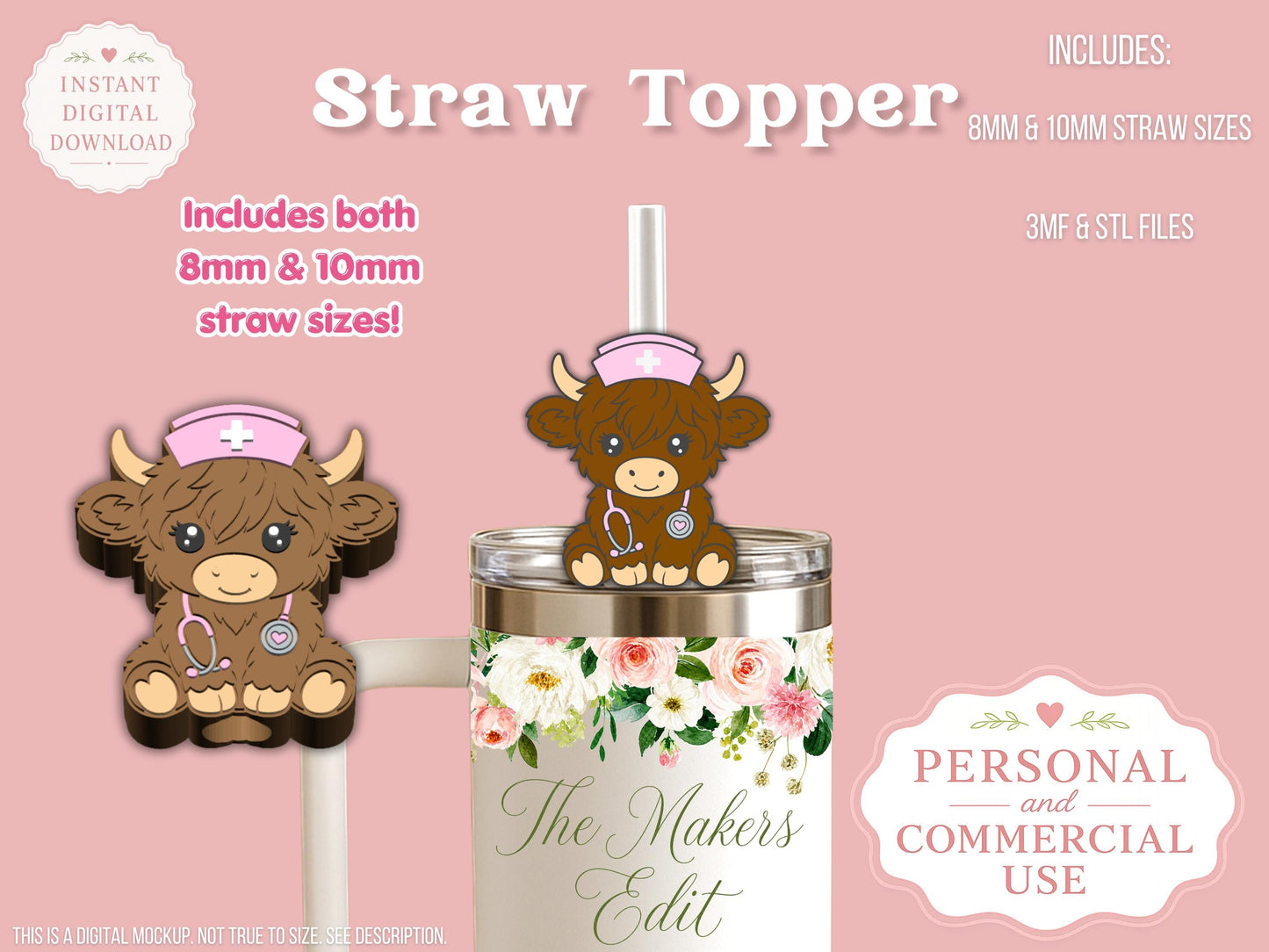 Nurse Highland Cow - Straw Topper - Digital File