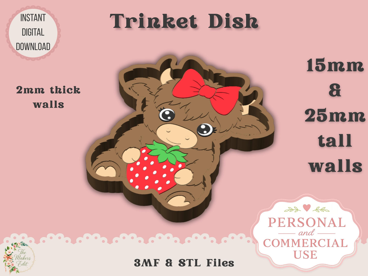Highland Cow with Strawberry & Bow - Trinket Dish - Digital File