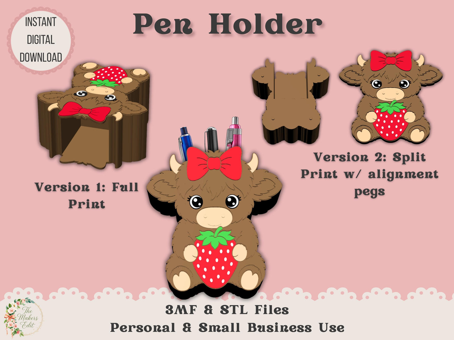 Highland Cow with Strawberry & Bow - Pen Holder - Digital File