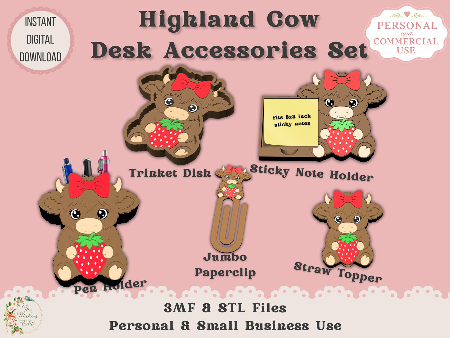 Highland Cow Strawberry Desk Accessories Bundle - Digital File