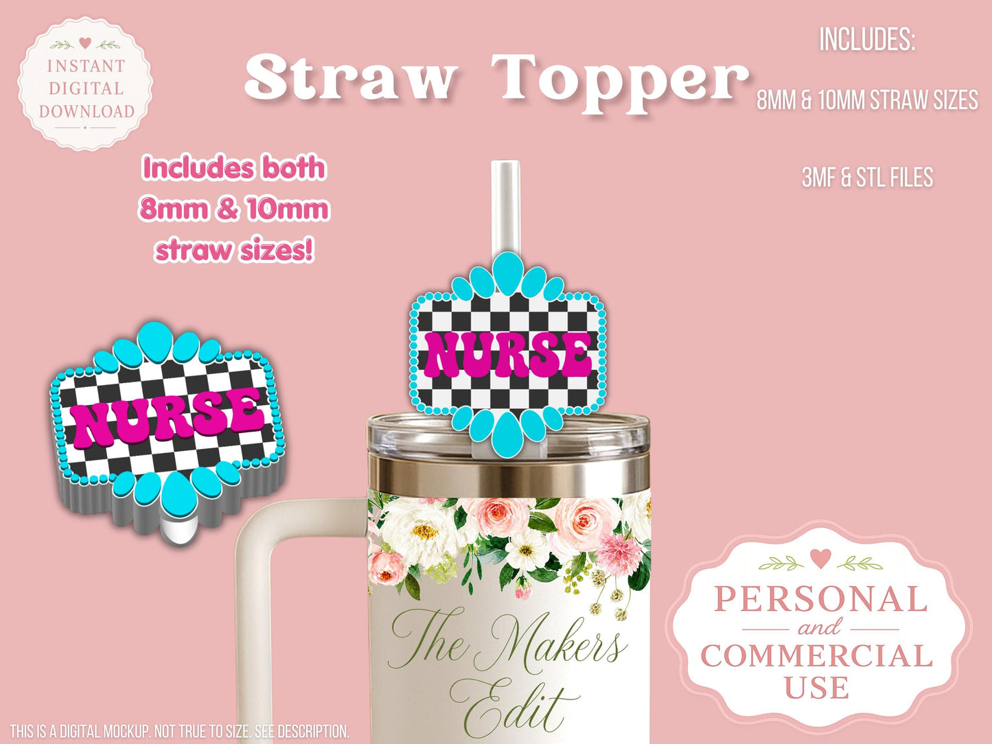 Nurse Turquoise Gemstone Checkered - Straw Topper - Digital File