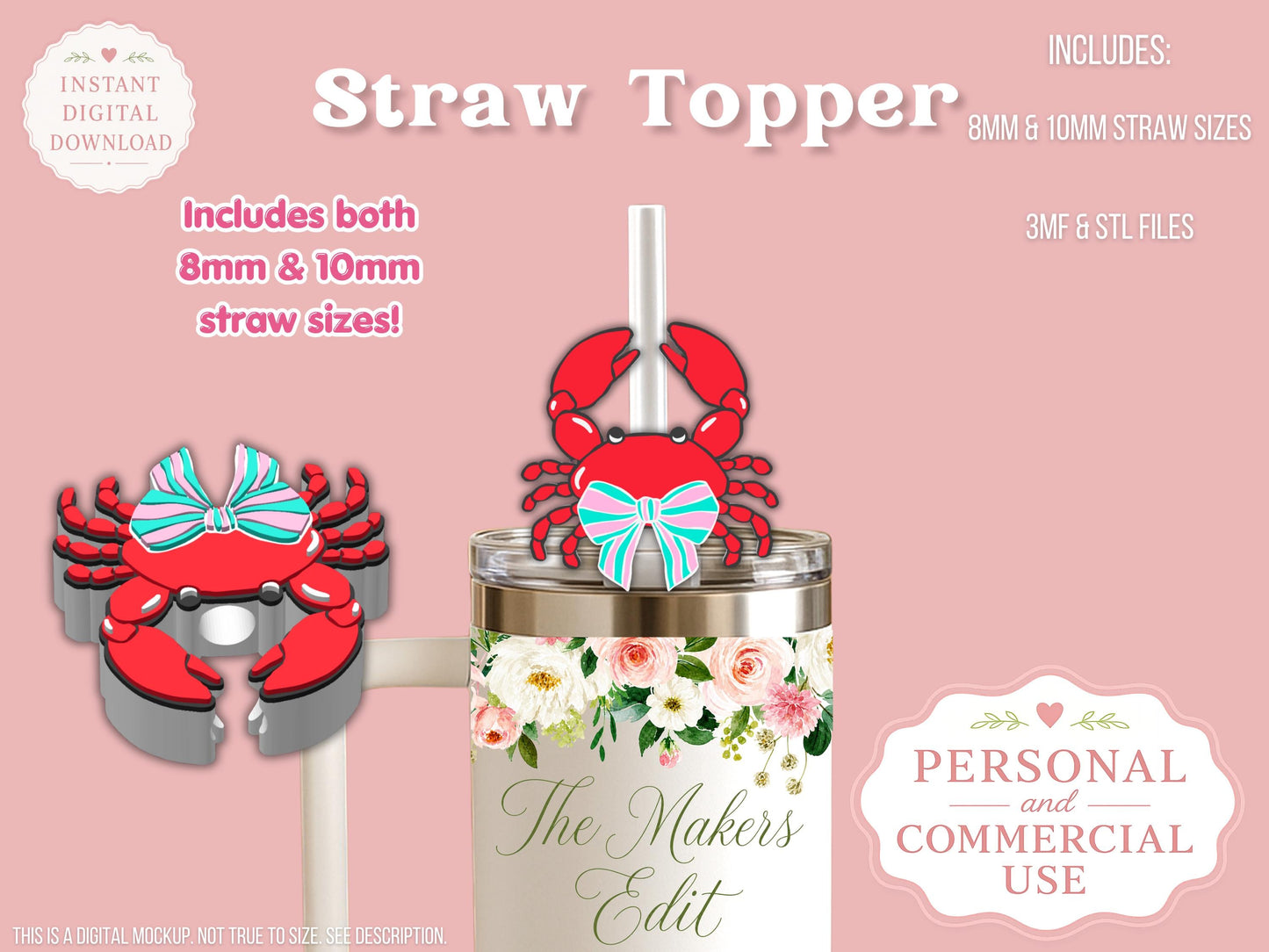 Crab Striped Coquette Bow - Straw Topper - Digital File
