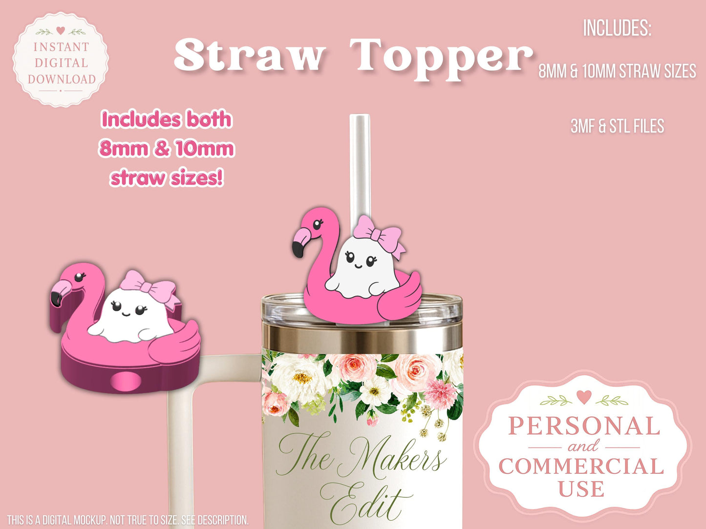 Ghost Flamingo Pool Float - Straw Topper - Digital File