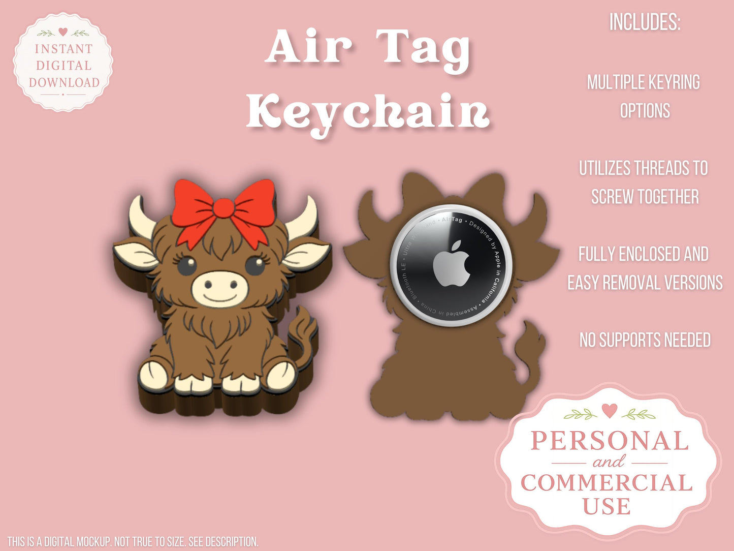 Highland Cow Coquette Bow - AirTag Holder - Digital File