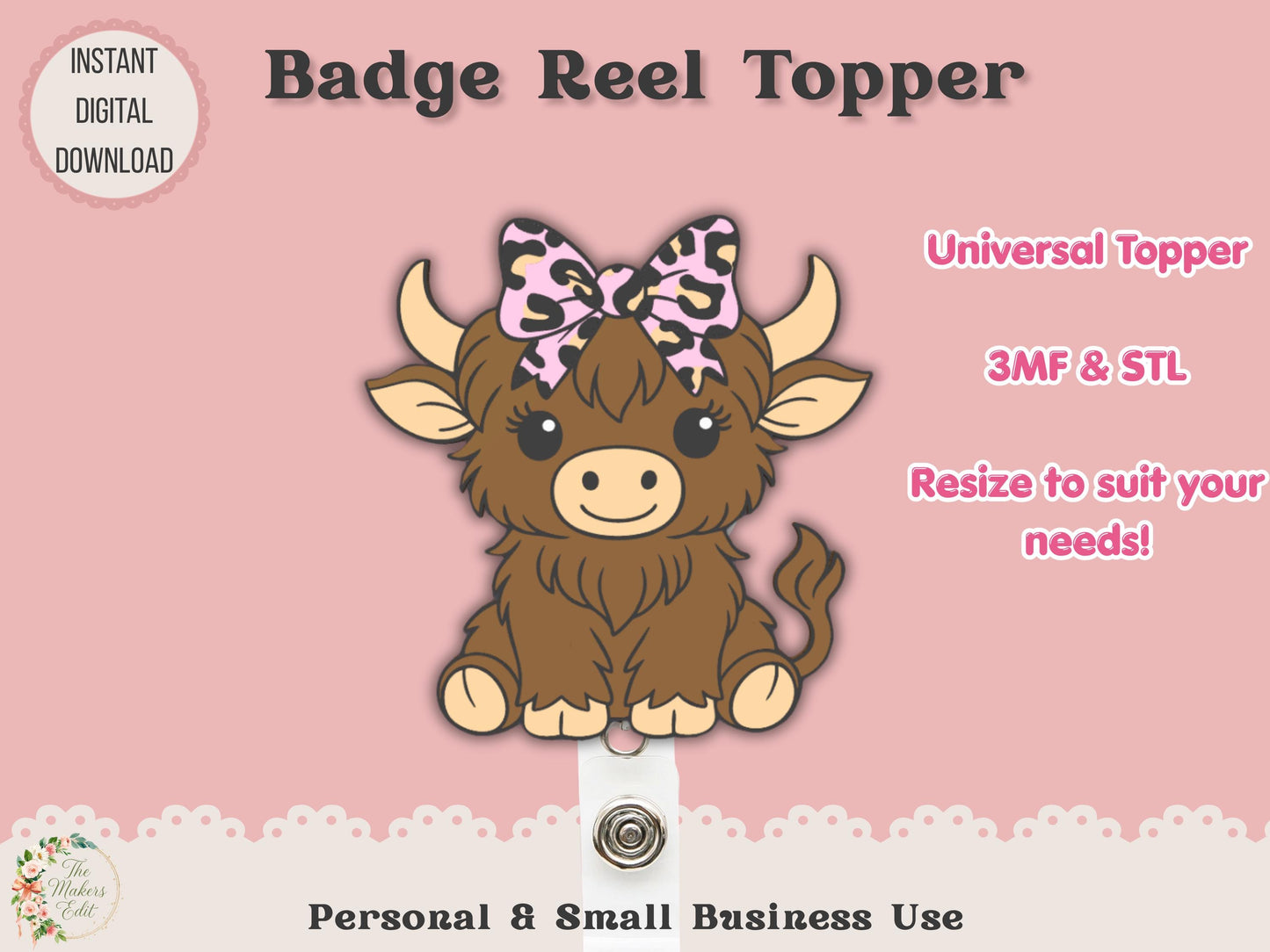 Highland Cow Leopard Bow - Badge Reel Topper - Digital File