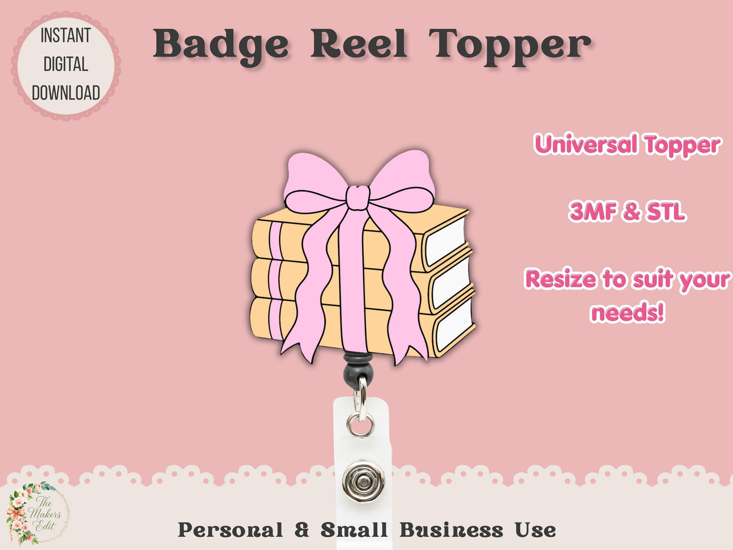 Badge Reel Topper 3D Printer File | Book Pile Coquette STL 3MF