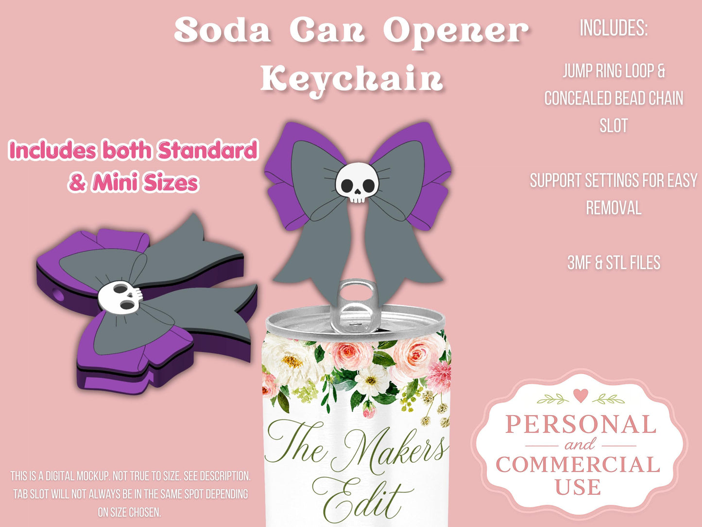 Soda Can Tab Opener Keychain 3D Printer File | Skull Coquette Bow STL 3MF