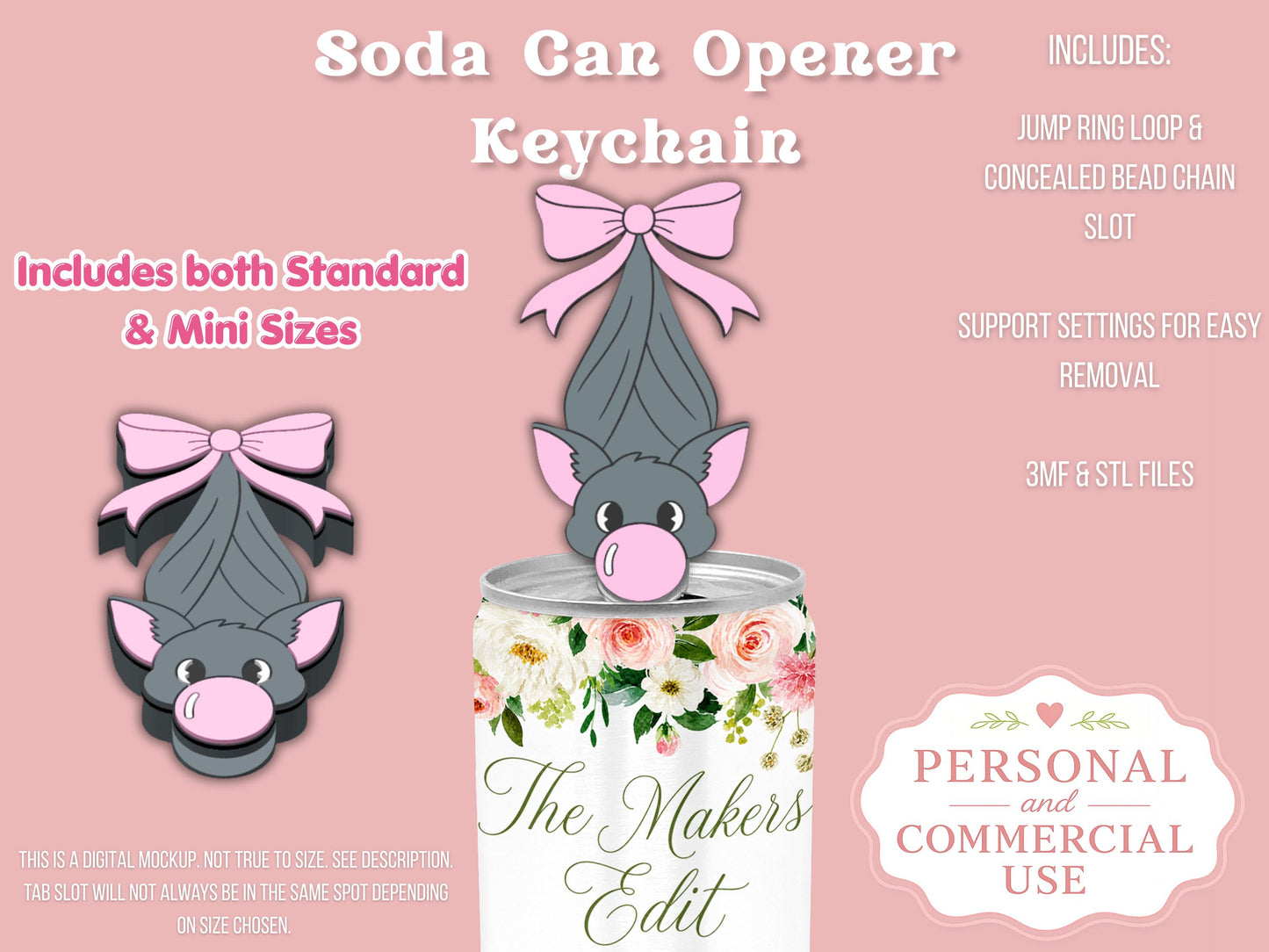 Soda Can Tab Opener Keychain 3D Printer File | Bubblegum Bat STL 3MF
