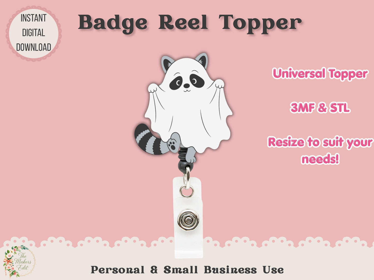 Badge Reel Topper 3D Printer File | Ghost Raccoon STL 3MF