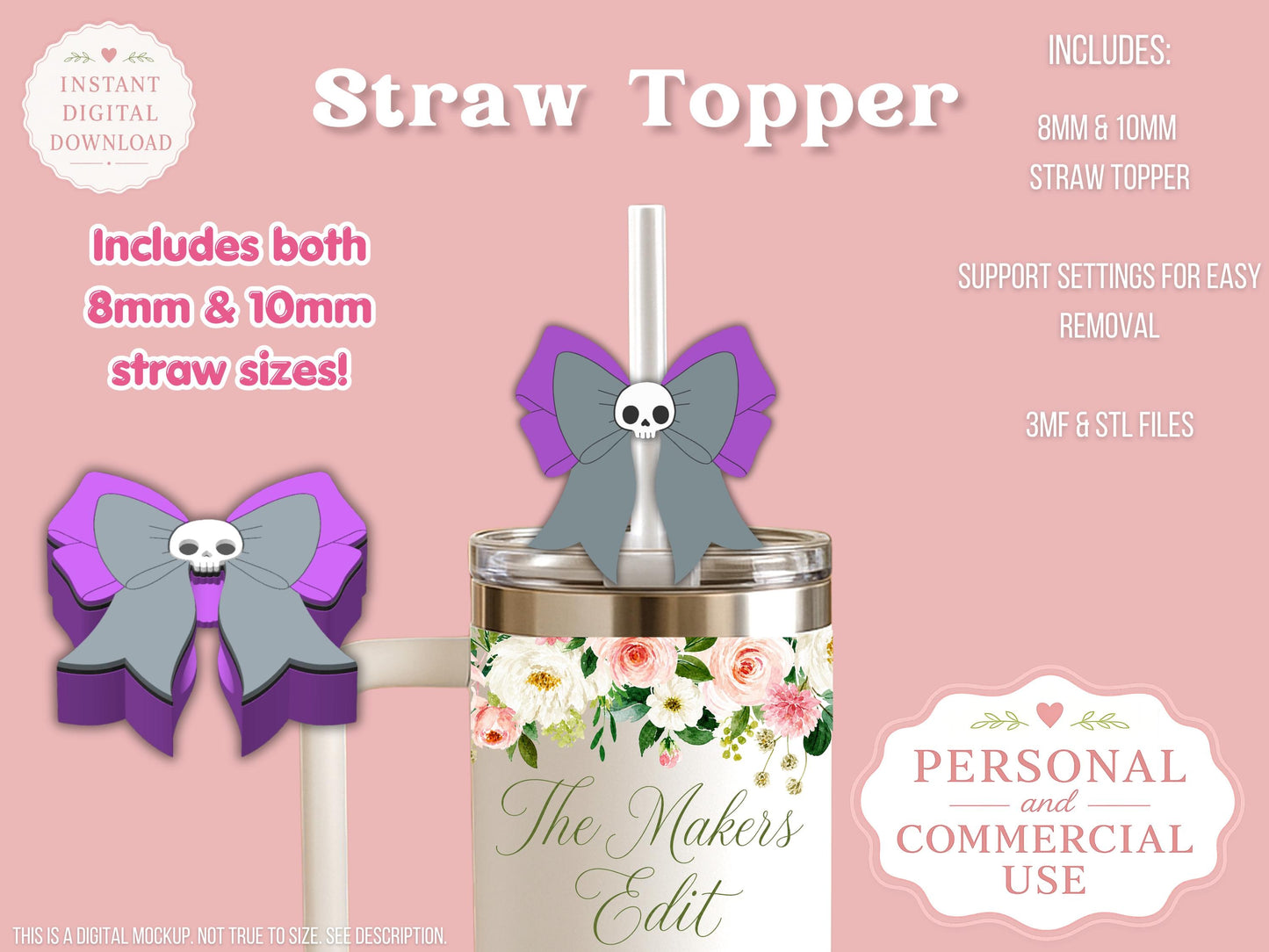 Straw Topper 3D Printer File | Skull Coquette Bow STL 3MF | Fits 10mm & 8mm Straws