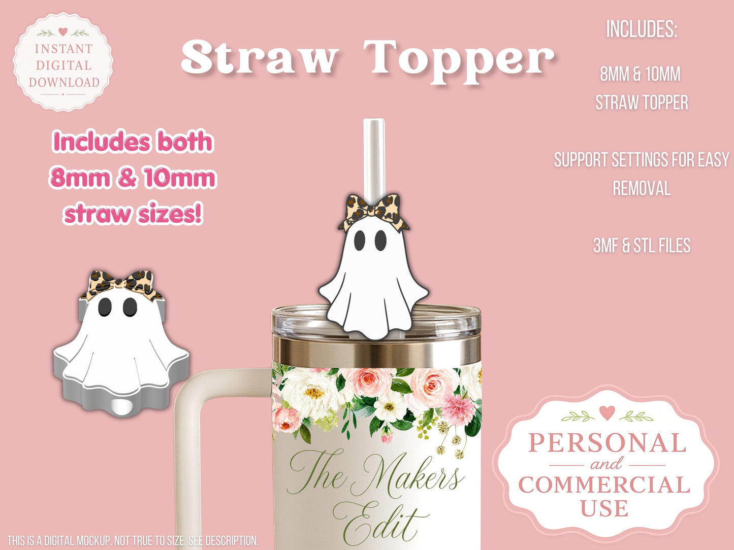 Straw Topper 3D Printer File | Ghost Leopard Bow STL 3MF | Fits 10mm & 8mm Straws