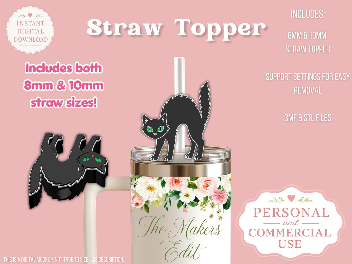 Straw Topper 3D Printer File | Scared Halloween Cat STL 3MF | Fits 10mm & 8mm Straws