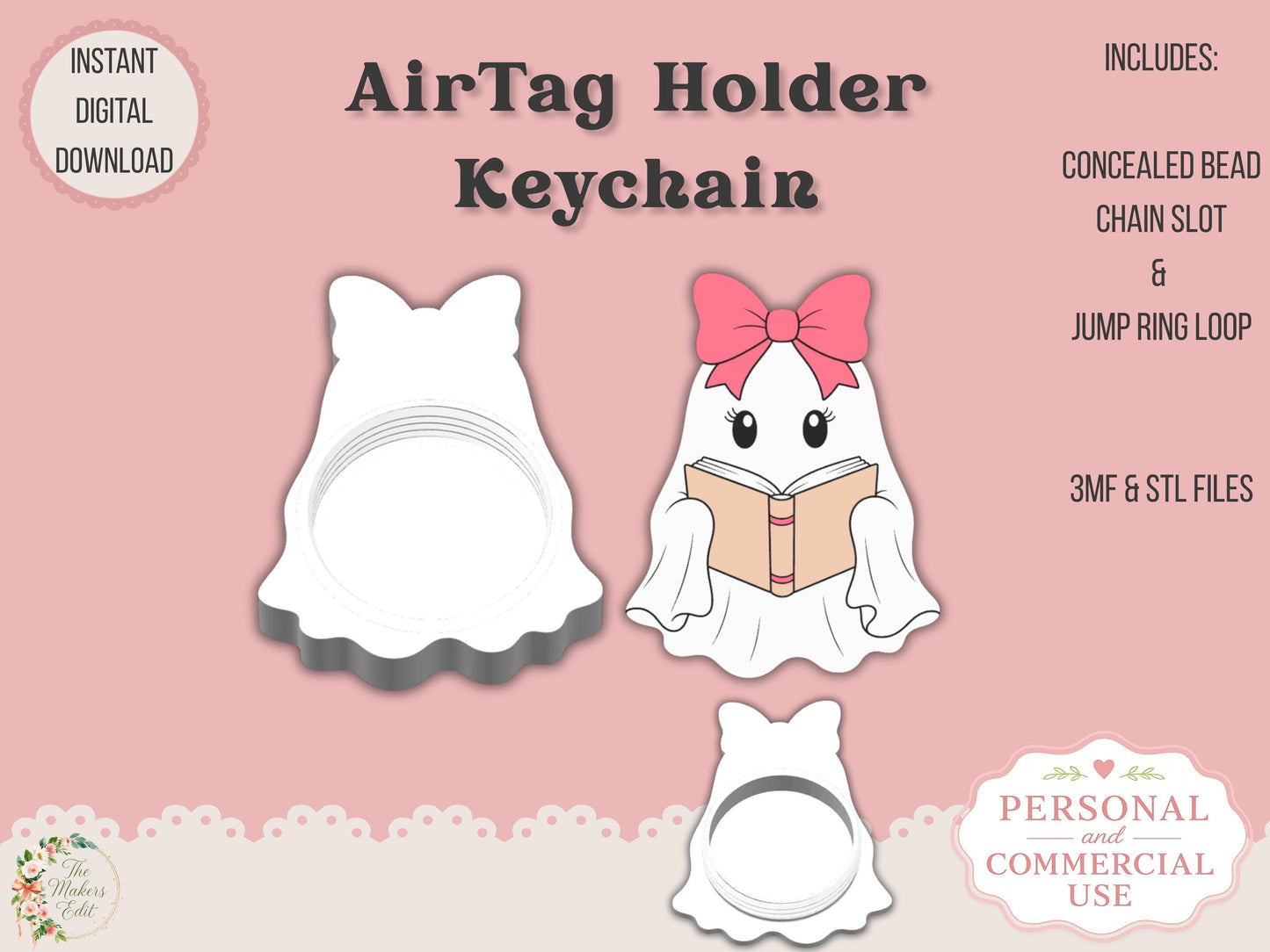 AirTag Holder Keychain | Bookish Ghost Coquette Bow | STL 3MF