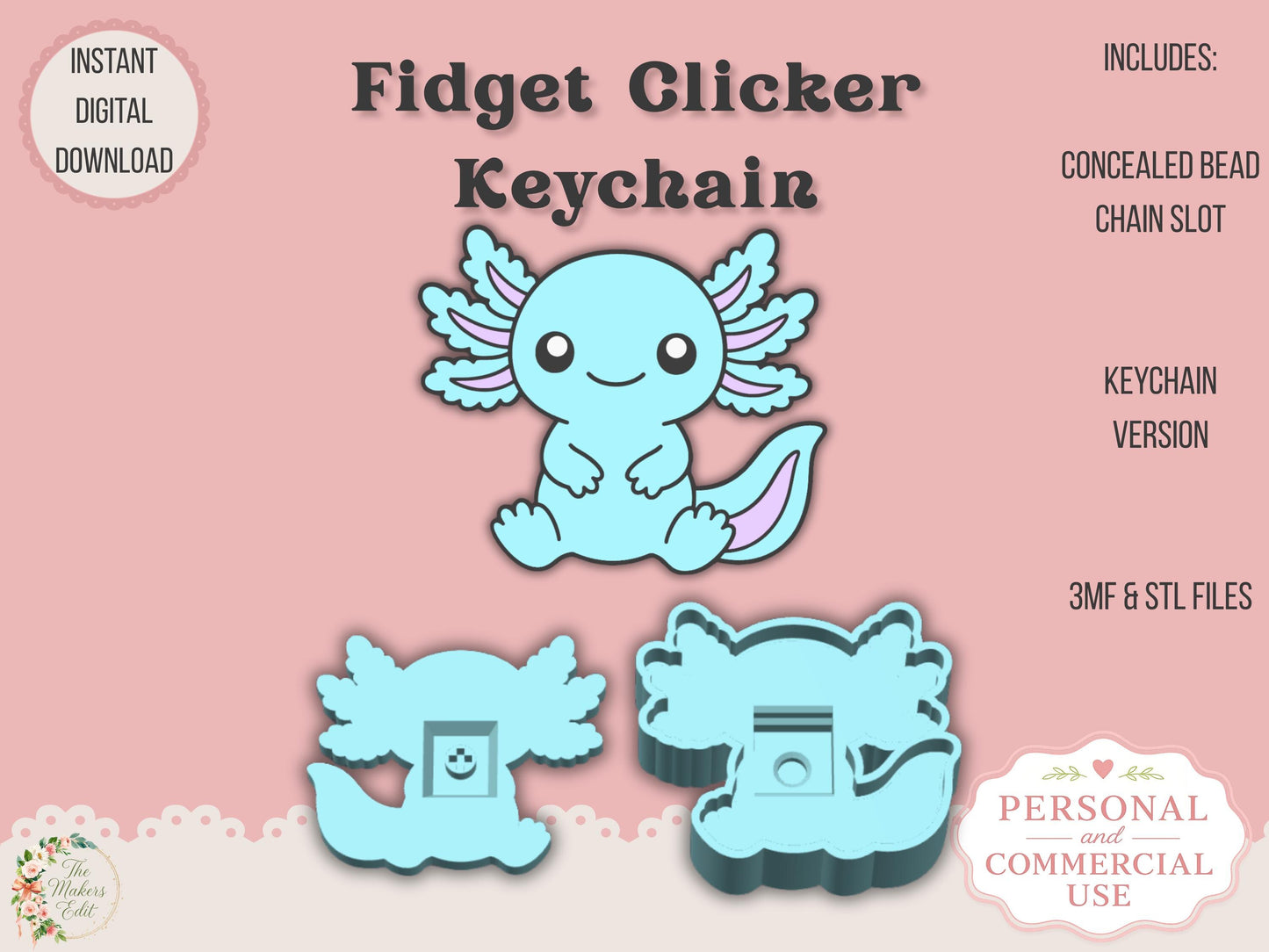 Fidget Clicker Keychain 3D Print File | Axolotl STL 3MF