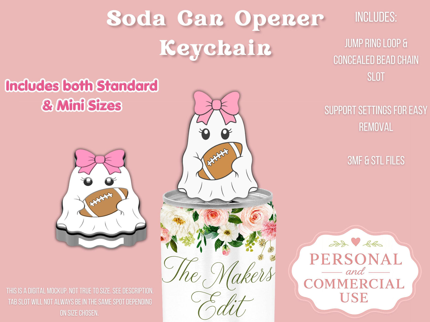 Soda Can Tab Opener Keychain 3D Printer File | Ghost Football Coquette STL 3MF