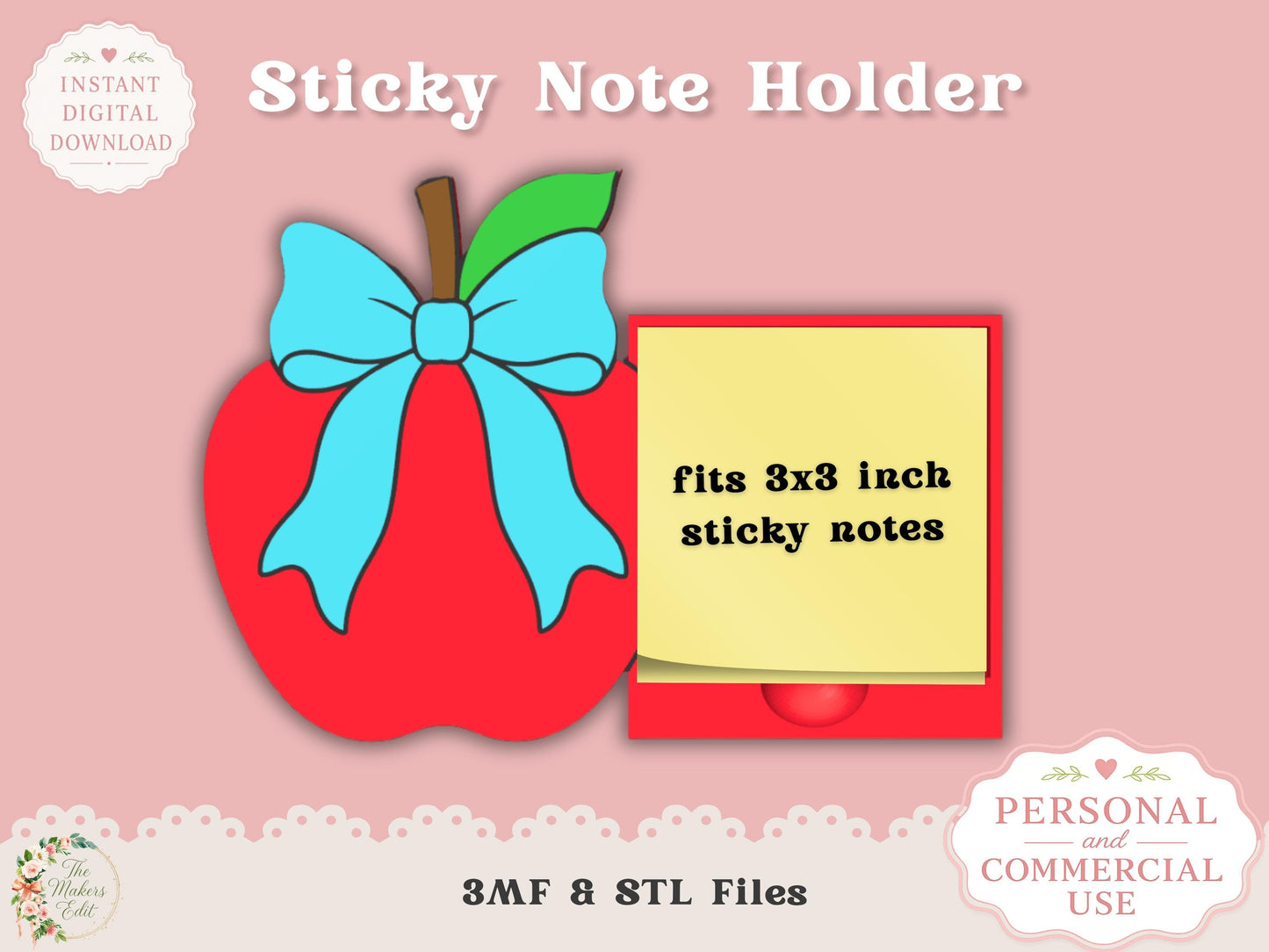 Sticky Note Holder 3D Printer File | Apple Coquette STL 3MF