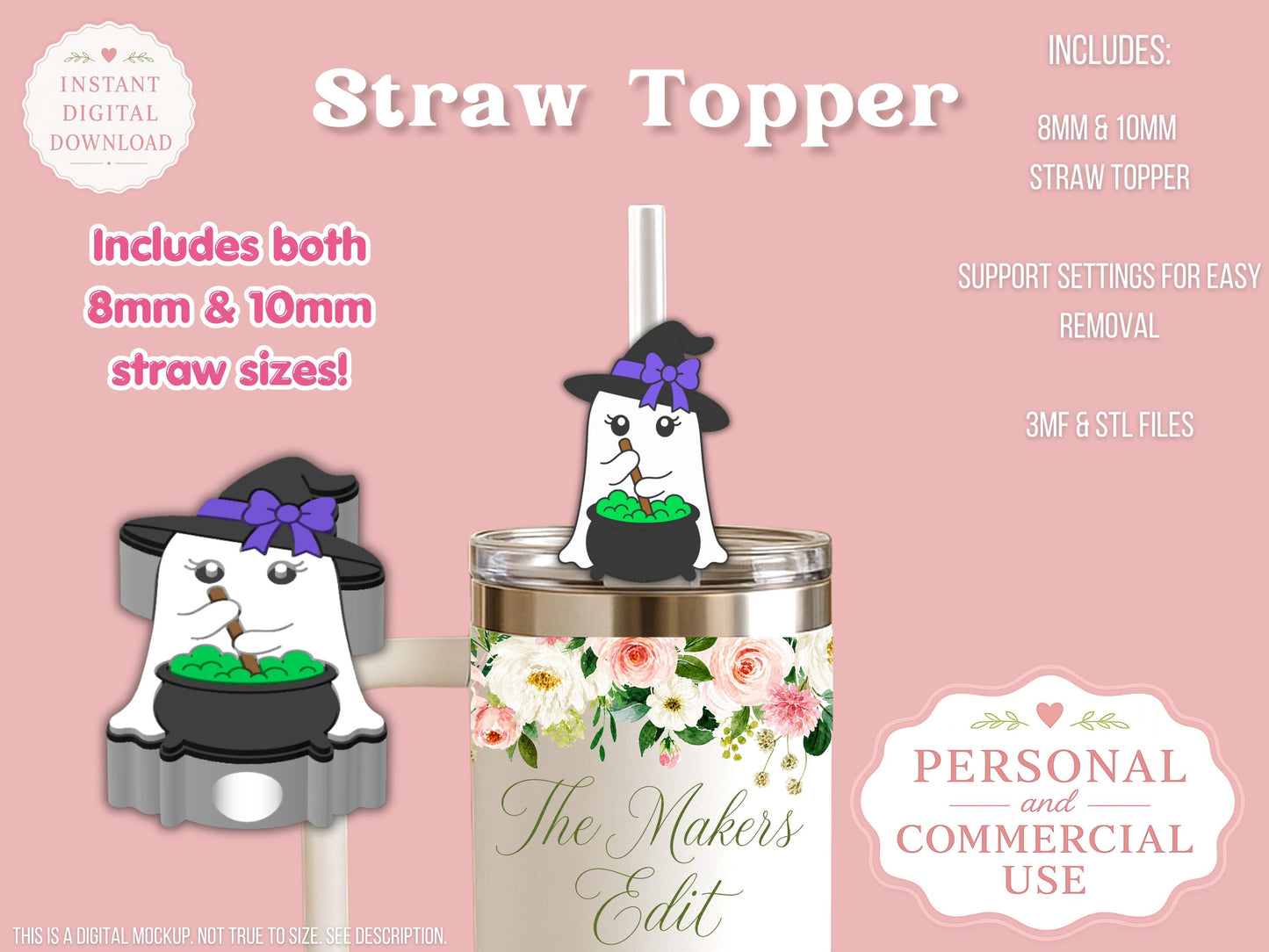 Straw Topper 3D Printer File | Ghost Witch Cauldron STL 3MF | Fits 10mm & 8mm Straws