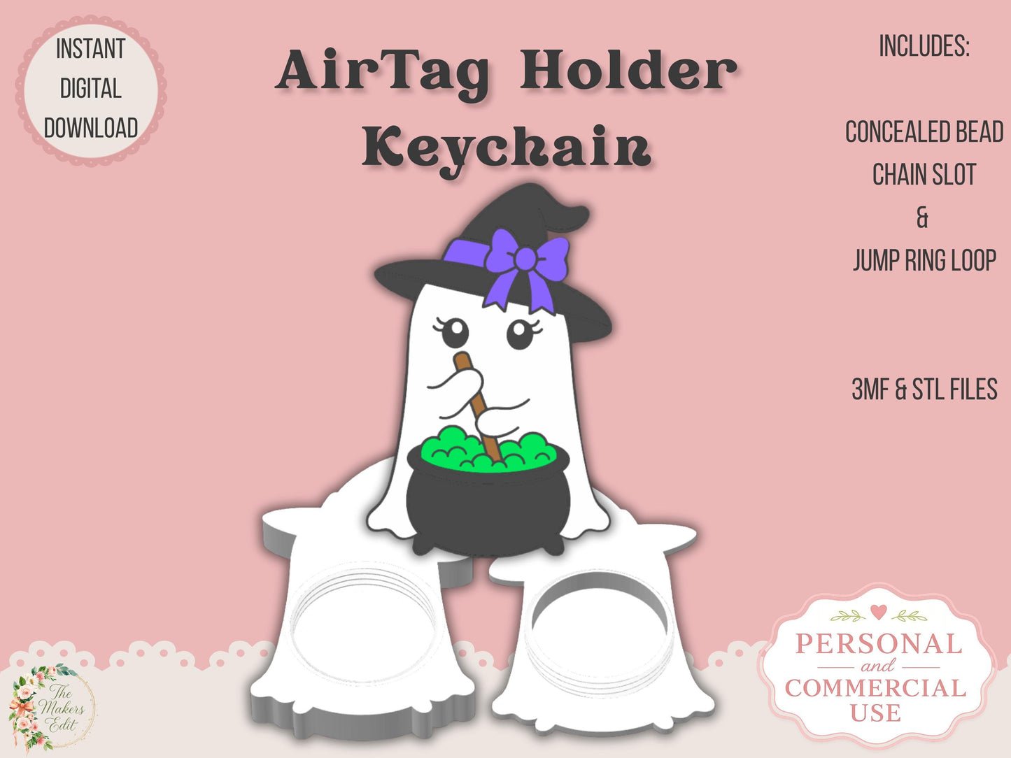 AirTag Holder Keychain | Ghost Witch Cauldron | STL 3MF