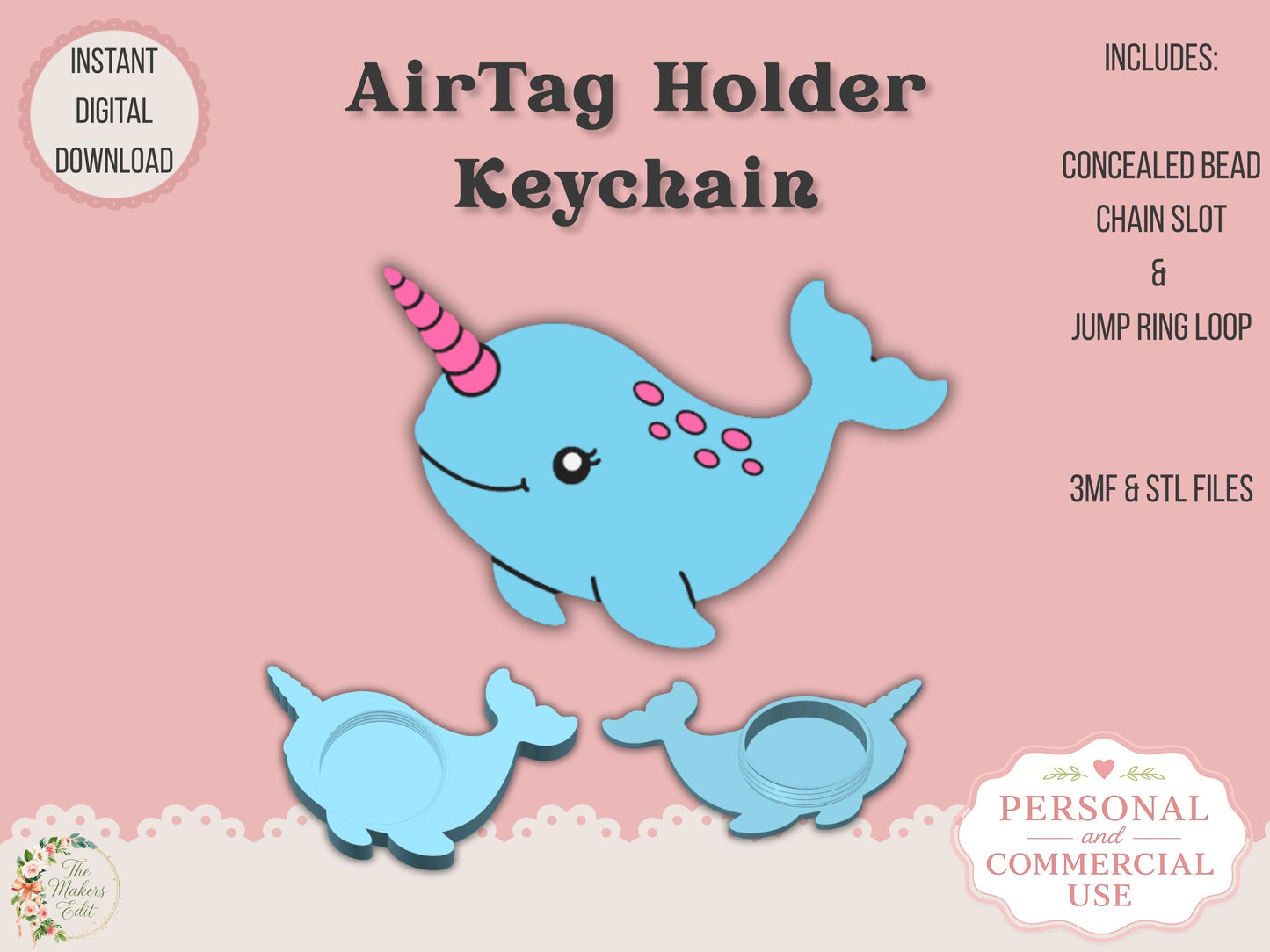 AirTag Holder Keychain | Narwhal | STL 3MF