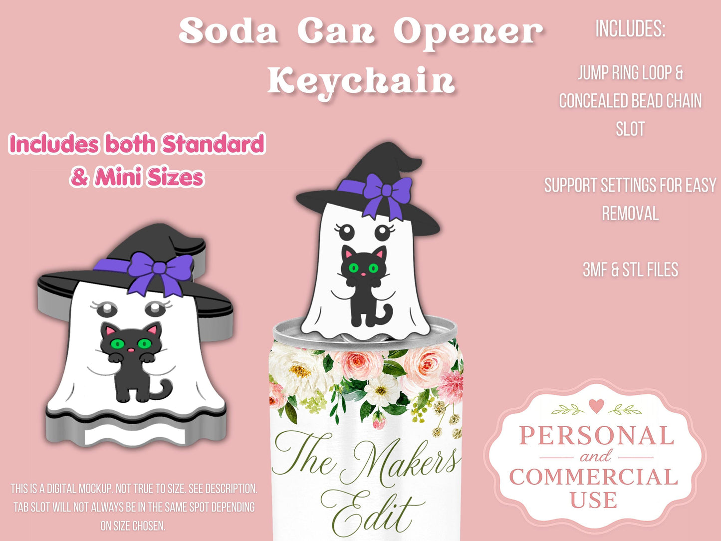 Soda Can Tab Opener Keychain 3D Printer File | Ghost Witch Cat STL 3MF