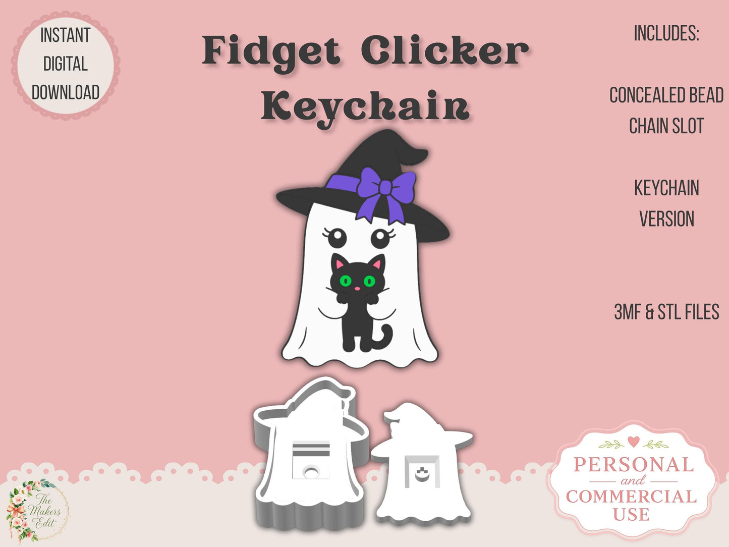 Fidget Clicker 3D Printer File | Ghost Witch Cat STL 3MF | Keychain