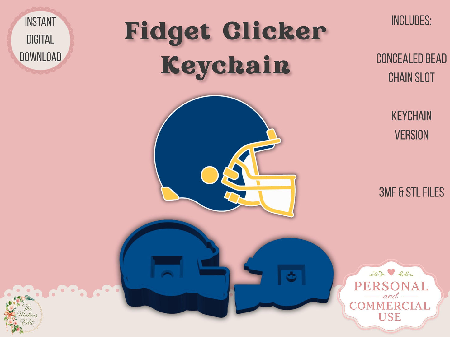Fidget Clicker Keychain 3D Print File | Football Helmet STL 3MF