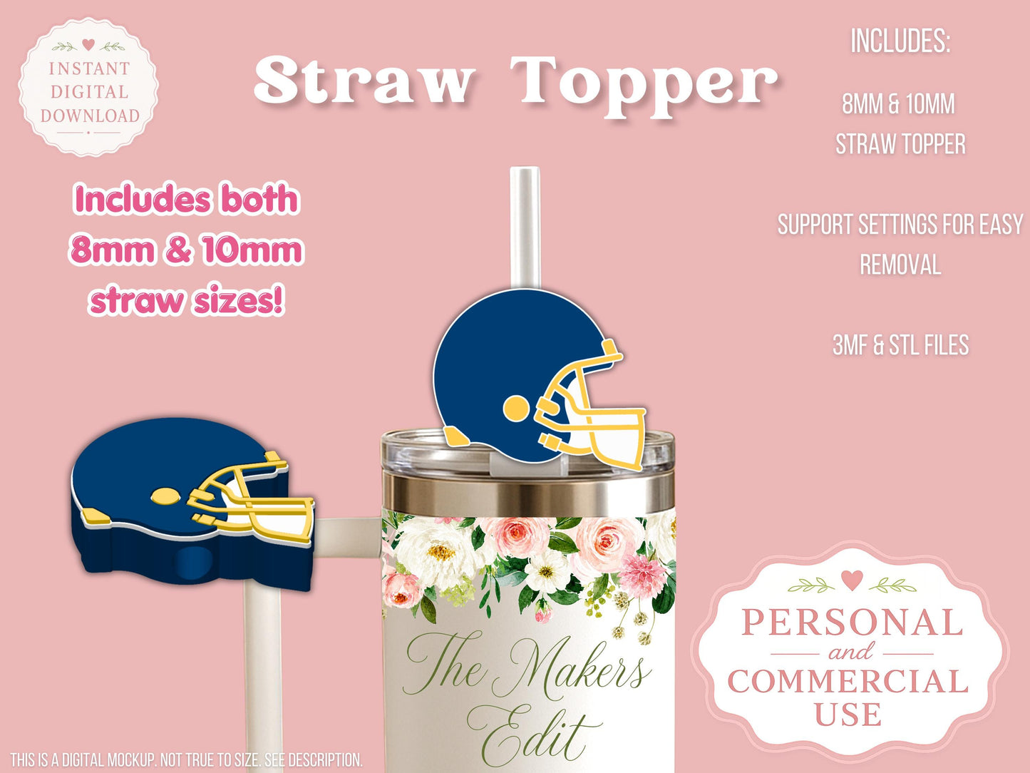 Straw Topper 3D Printer File | Football Helmet STL 3MF | Fits 10mm & 8mm Straws