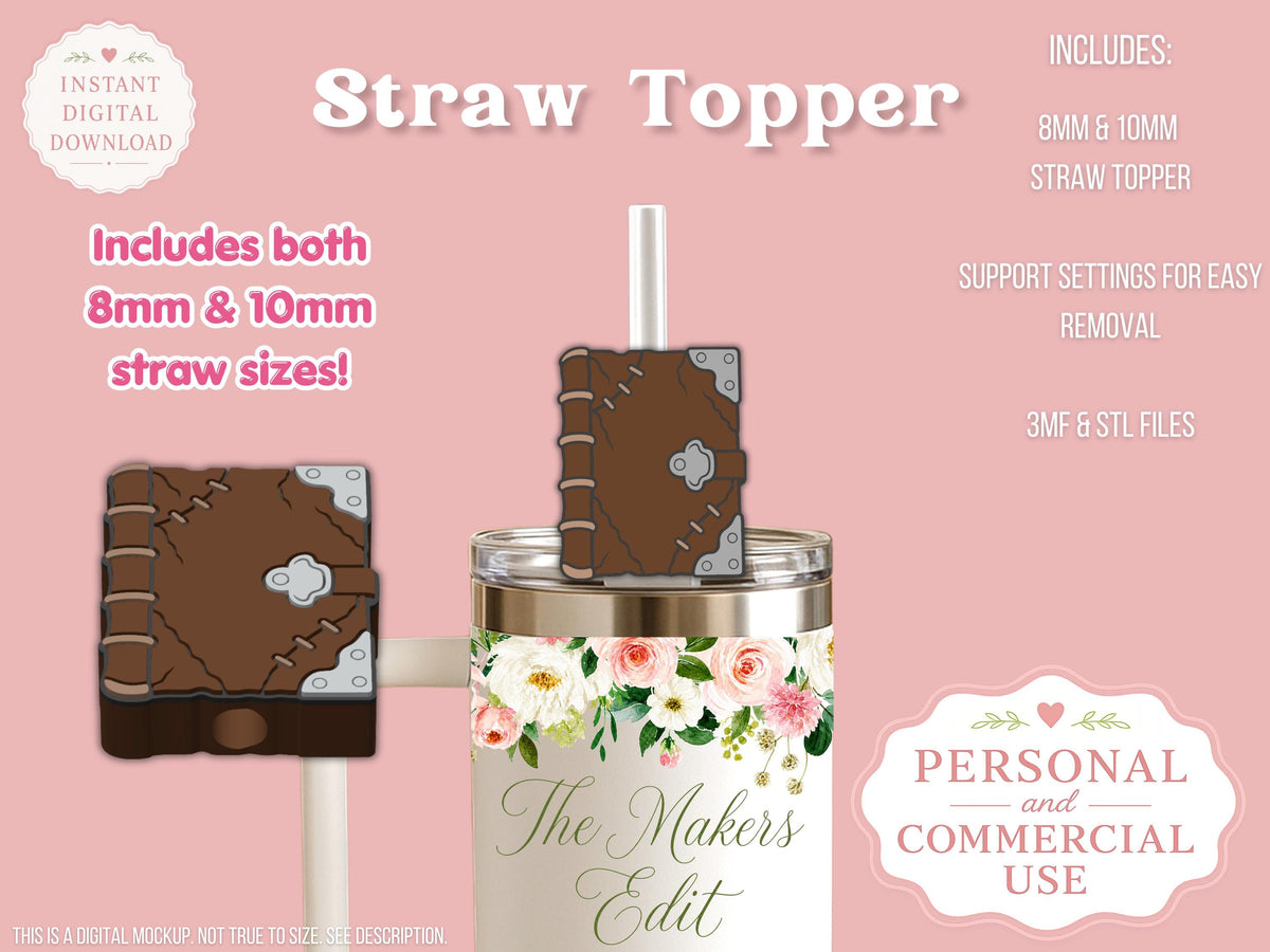 Straw Topper 3D Printer File | Spooky Book STL 3MF | Fits 10mm & 8mm Straws