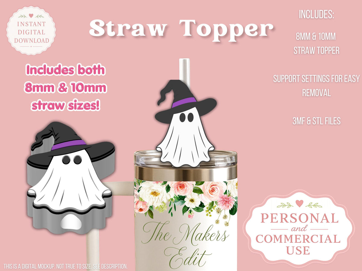 Straw Topper 3D Printer File | Ghost Witch STL 3MF | Fits 10mm & 8mm Straws