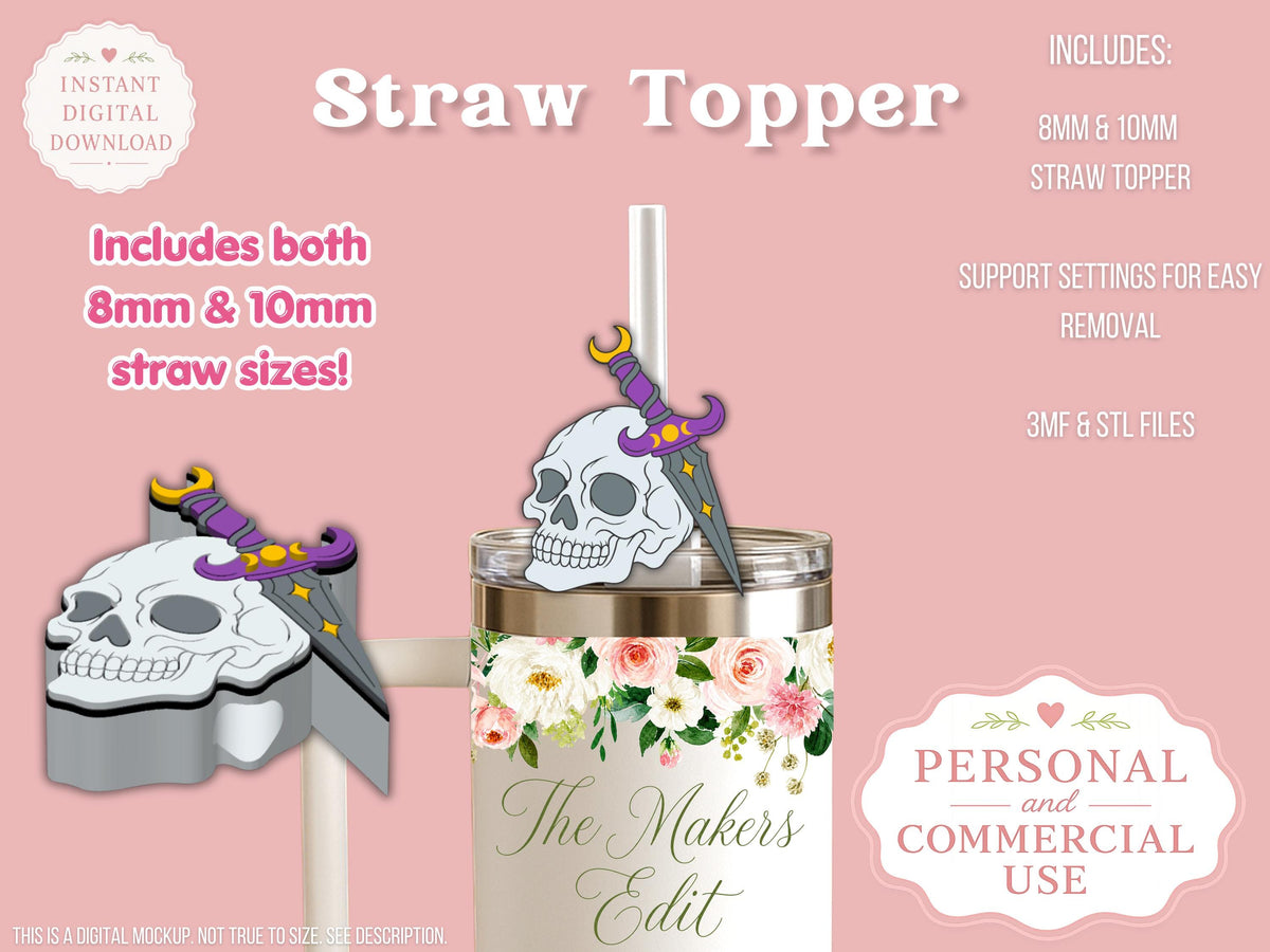Straw Topper 3D Printer File | Ritual Dagger Skull STL 3MF | Fits 10mm & 8mm Straws
