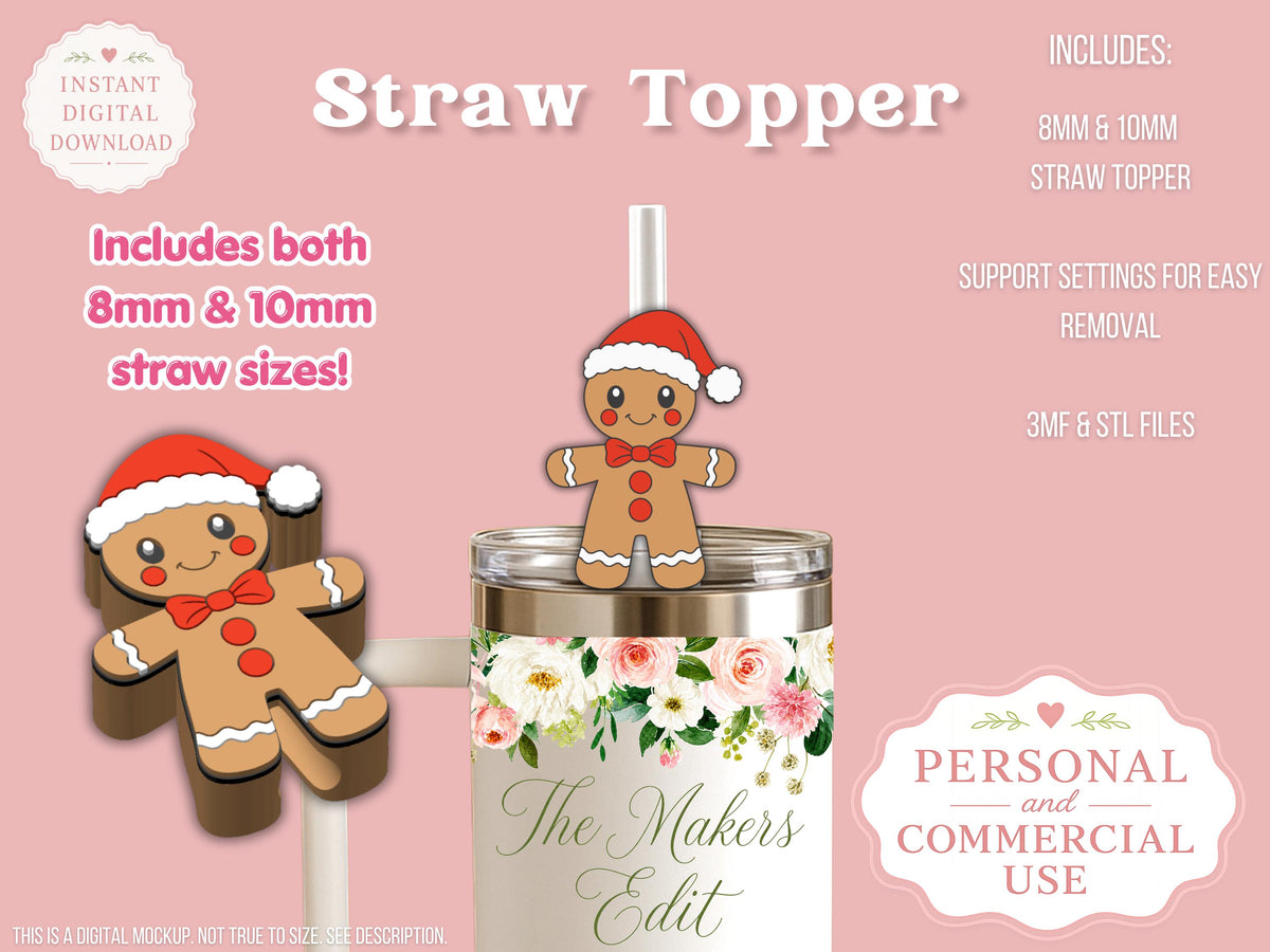 Straw Topper 3D Printer File | Gingerbread Boy STL 3MF | Fits 10mm & 8mm Straws