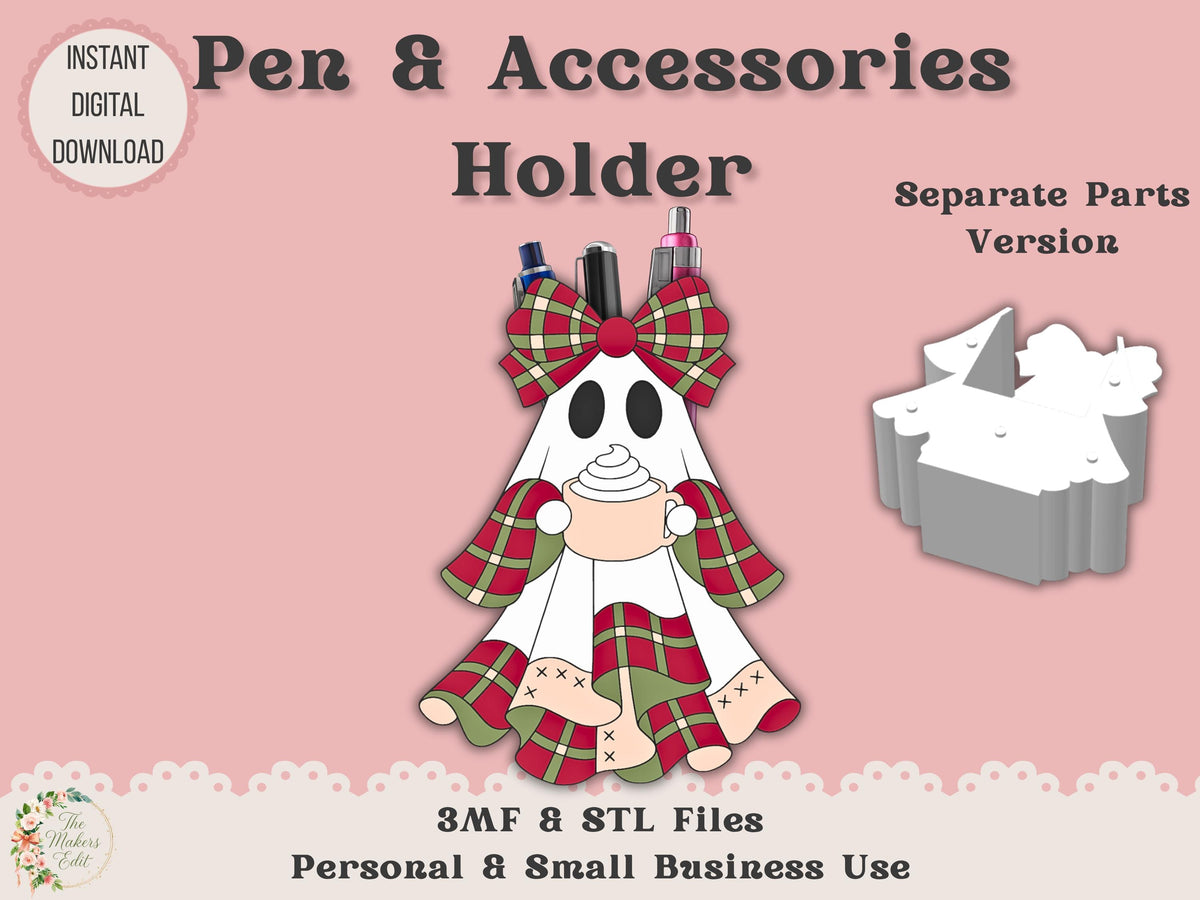 Pen Holder 3D Printer File | Christmas Plaid Ghost STL 3MF