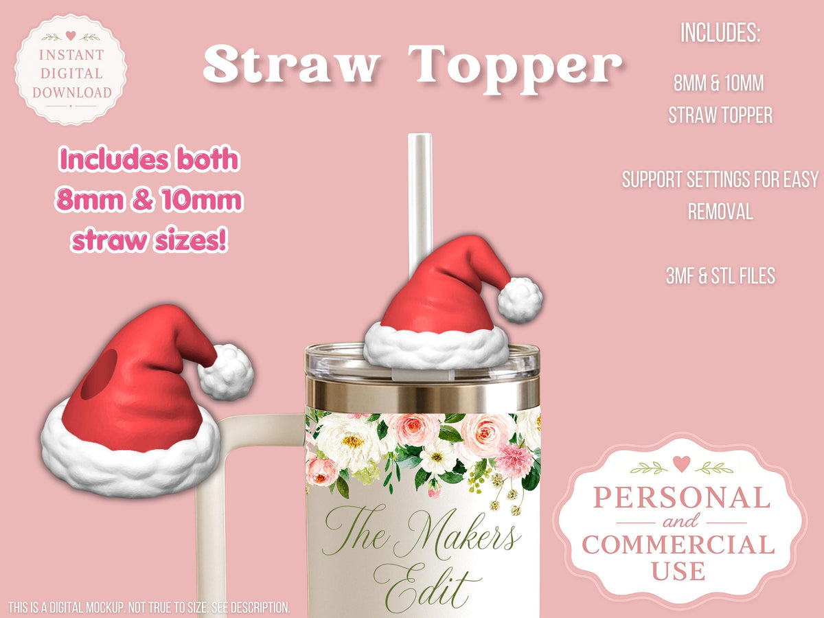 Straw Topper 3D Printer File | Santa Hat STL 3MF | Fits 10mm & 8mm Straws