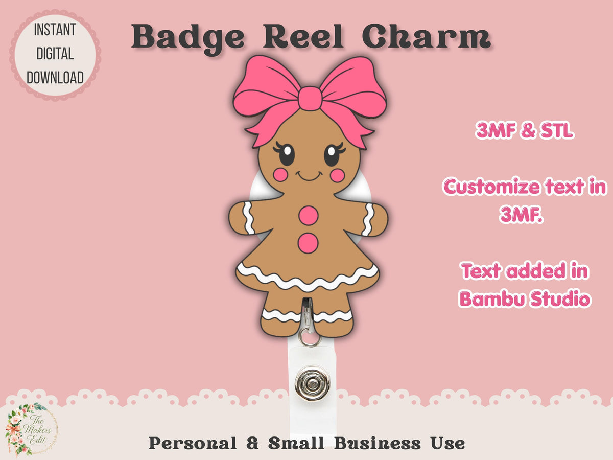 Badge Reel Topper 3D Printer File | Gingerbread Girl STL 3MF