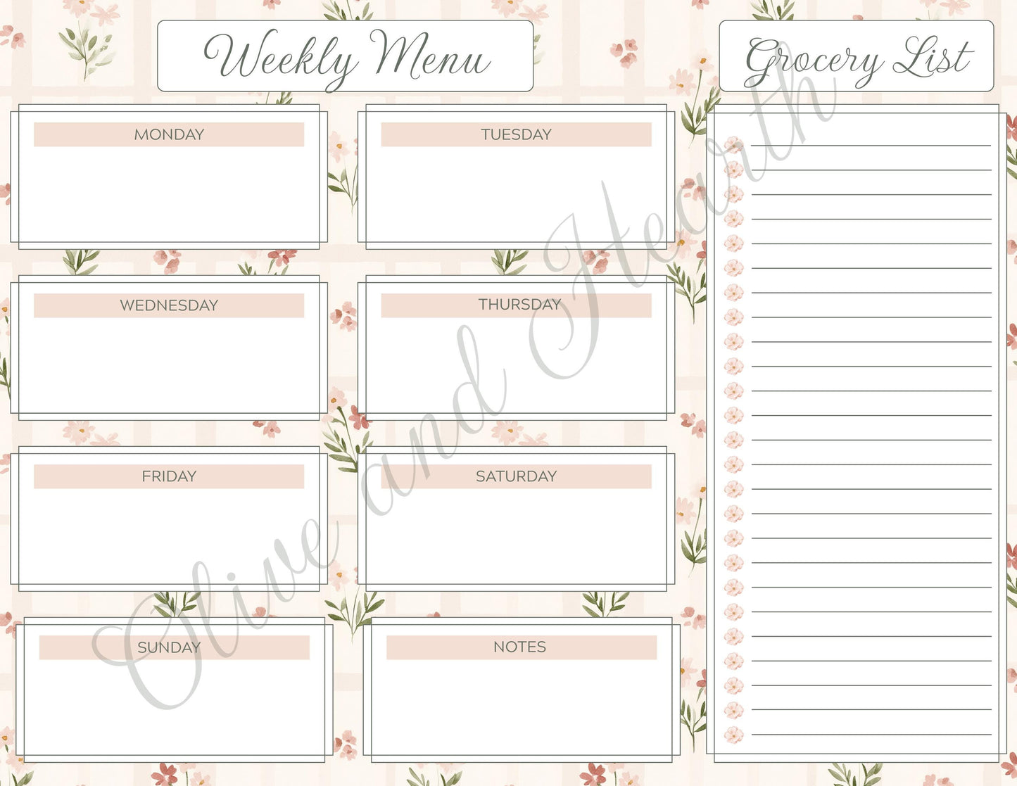 Floral Magnetic Weekly Menu & Grocery List Notepad Set | Sage Green | Dusty Pink | 110 Pages | Mother's Day Gift Idea