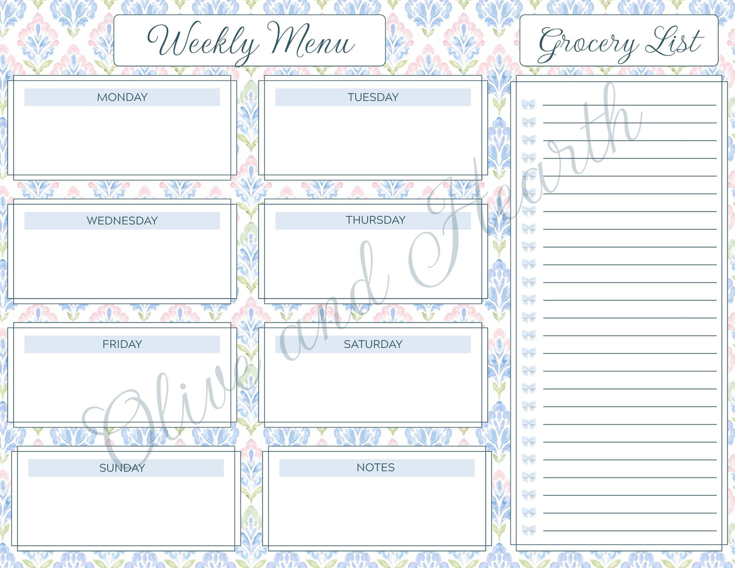 Weekly Menu & Grocery List Magnetic Notepad Set | 110 sheets | Blue | Floral | Grandmillennial Style | Mother's Day Gift Idea