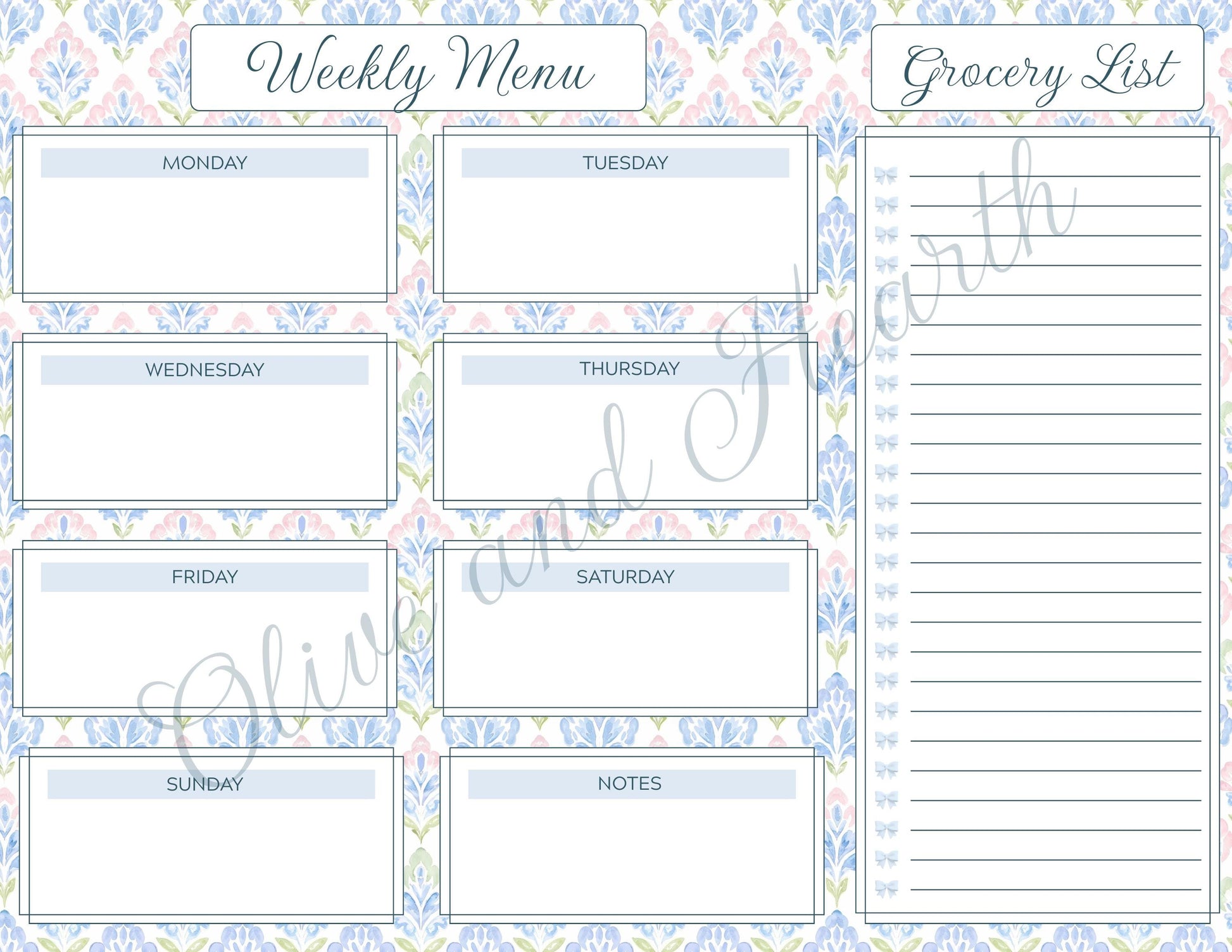 Weekly Menu & Grocery List Magnetic Notepad Set | 110 sheets | Blue | Floral | Grandmillennial Style | Mother's Day Gift Idea