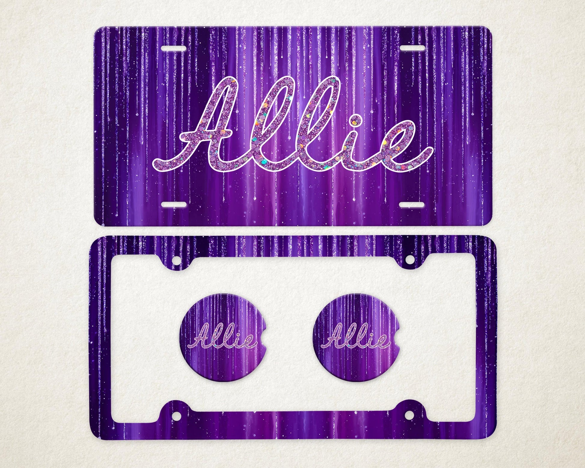 Personalized Car Accessories Set | Front License Plate, License Plate Frame, and Coasters | Mother's Day Gift Idea