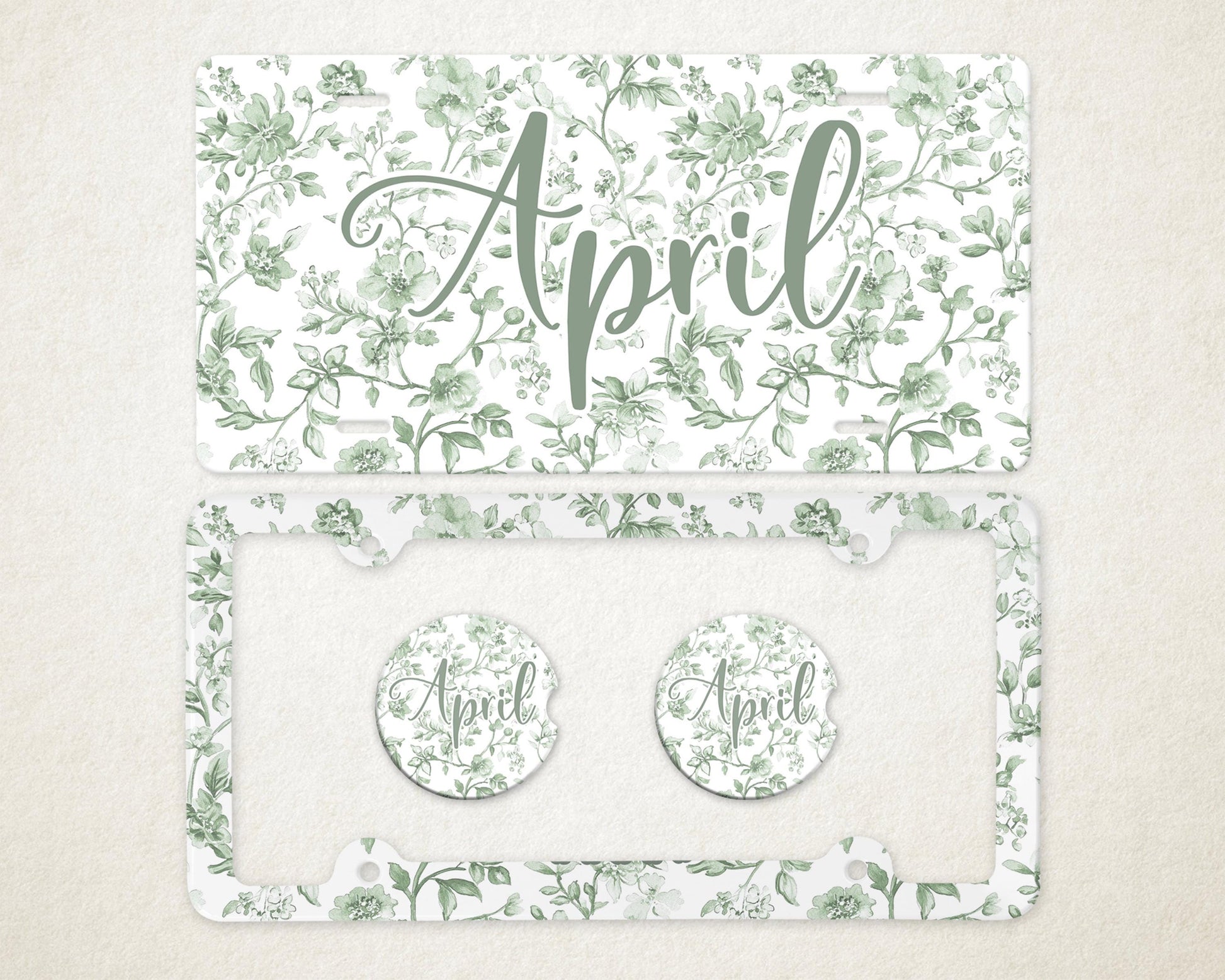 Personalized Car Accessories Set | Front License Plate, License Plate Frame, and Coasters | Mother's Day Gift Idea