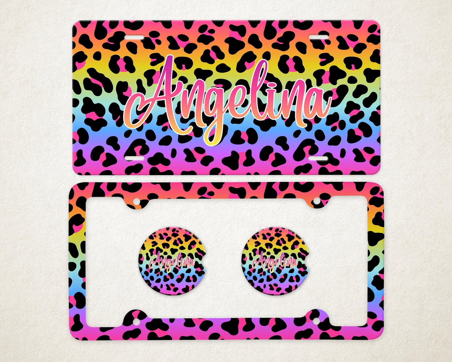 Personalized Car Accessories Set | Front License Plate, License Plate Frame, and Coasters | Mother's Day Gift Idea