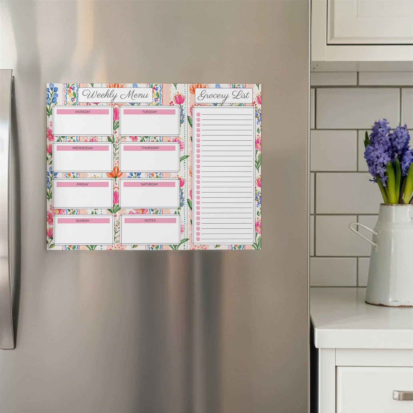 Weekly Menu & Grocery List | Magnetic Notepad Set | 110 sheets | Pink Floral Stripes | Mother's Day Gift Idea