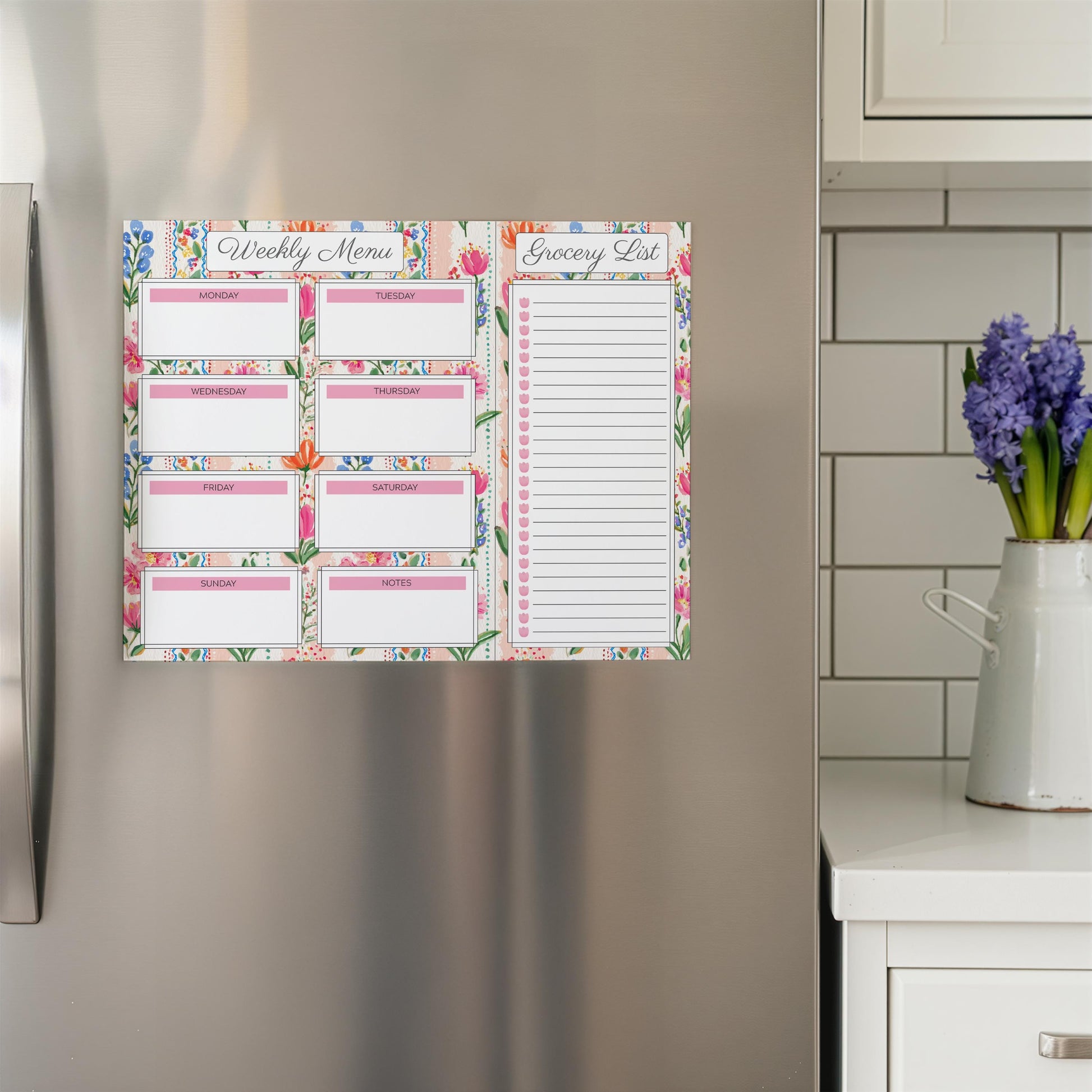 Weekly Menu & Grocery List | Magnetic Notepad Set | 110 sheets | Pink Floral Stripes | Mother's Day Gift Idea