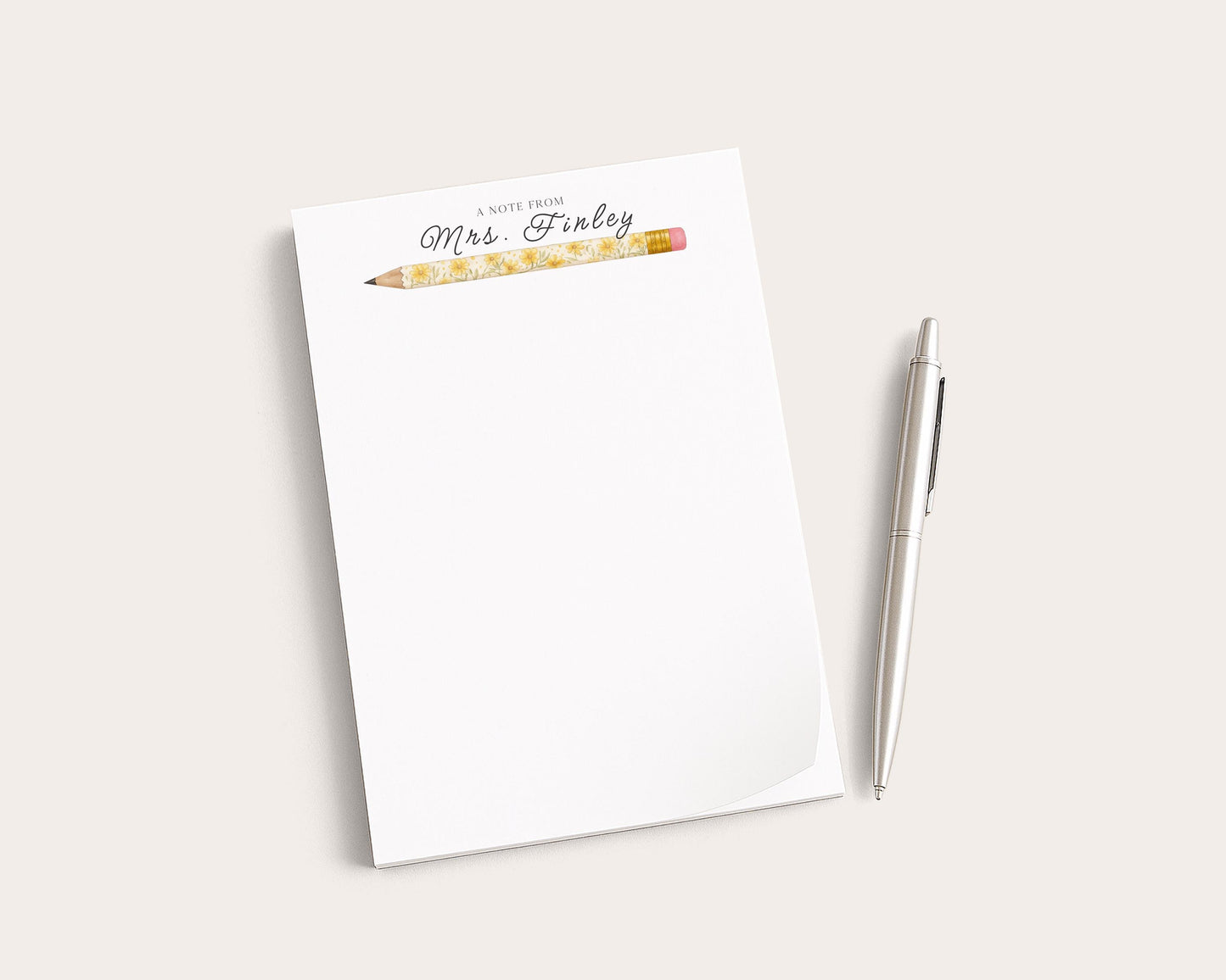 Personalized Teacher Notepad | Yellow Floral Print Pencils | Teacher Appreciation Gift