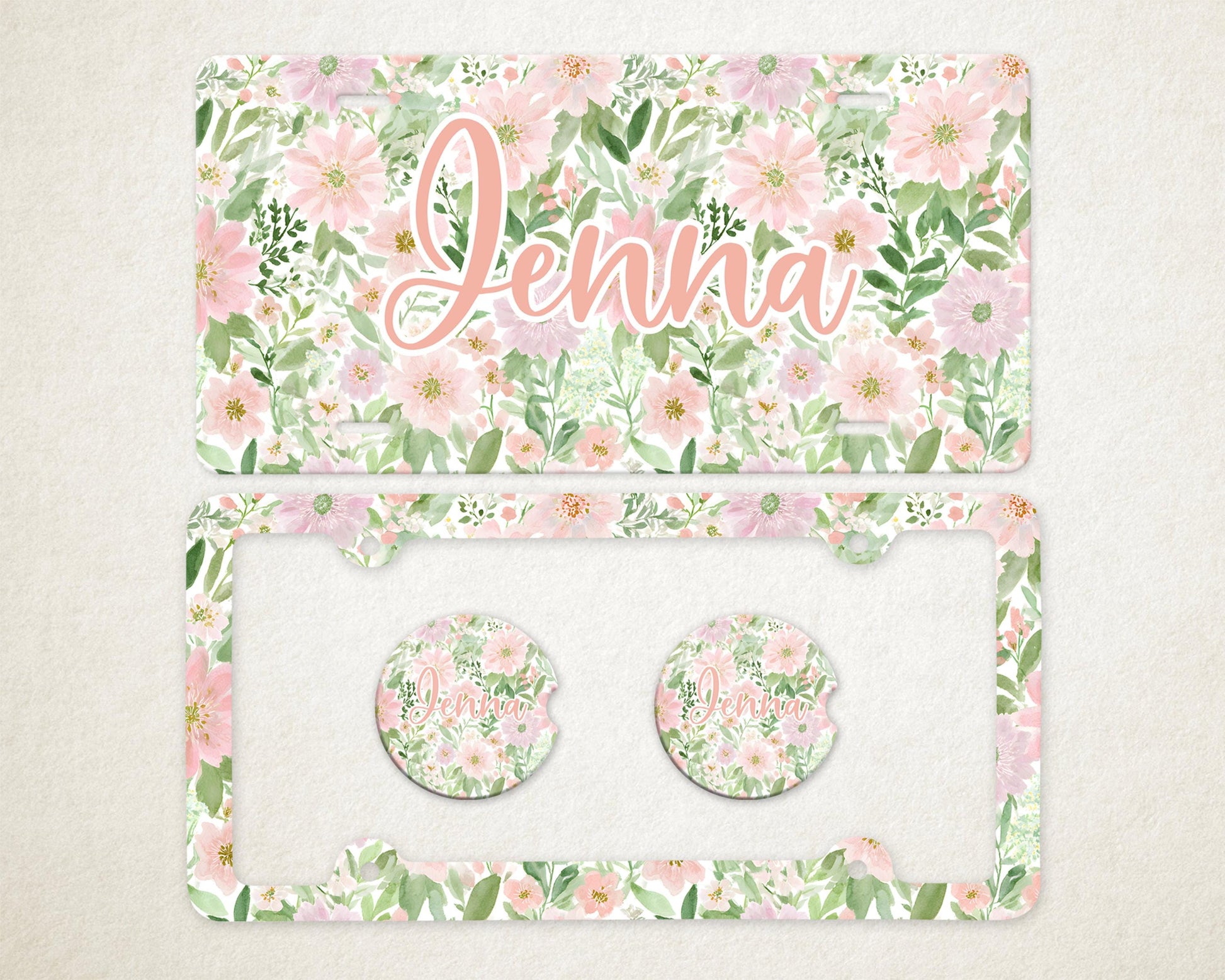 Personalized Car Accessories Set | Front License Plate, License Plate Frame, and Coasters | Mother's Day Gift Idea