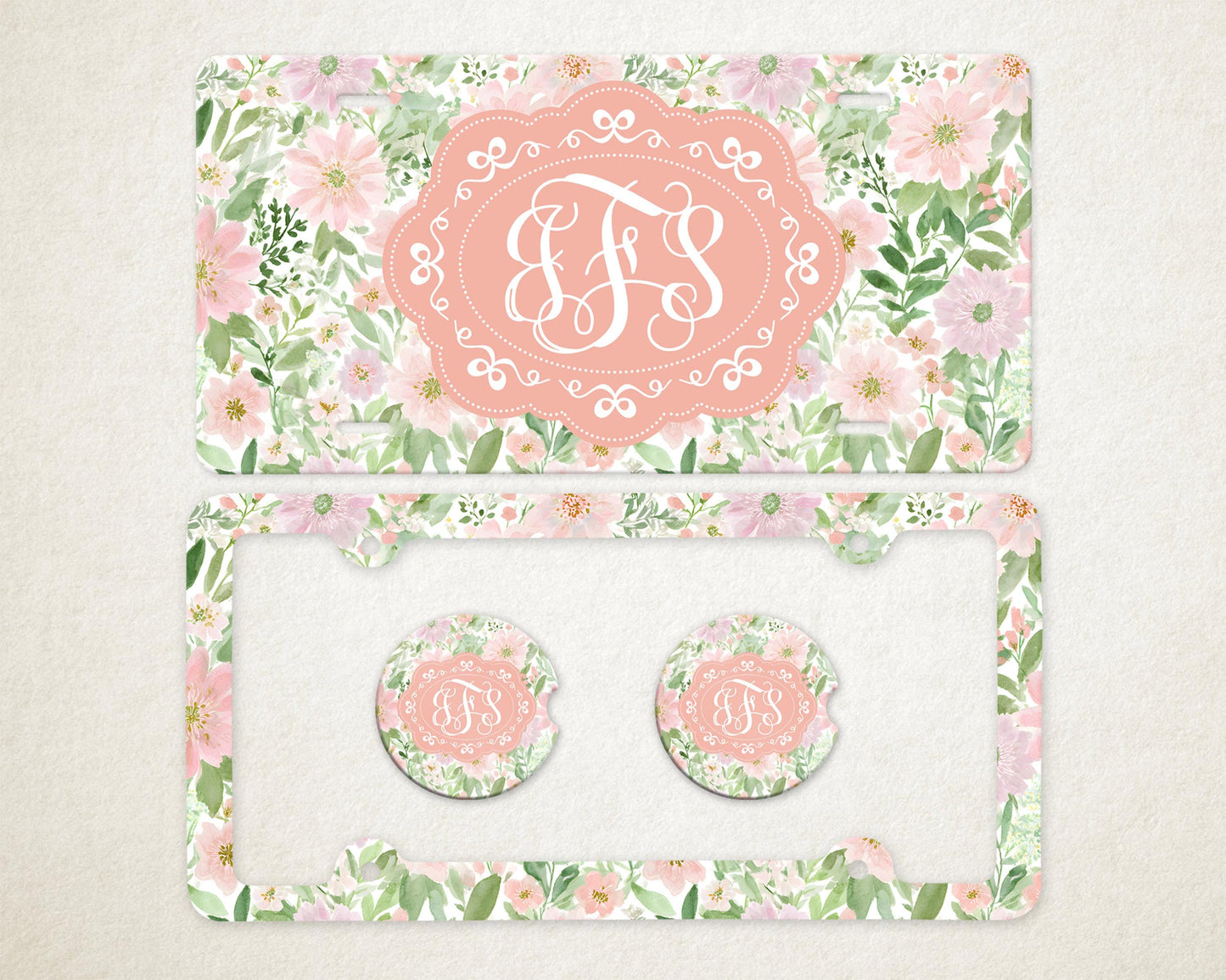 Personalized Car Accessories Set | Front License Plate, License Plate Frame, and Coasters | Mother's Day Gift Idea